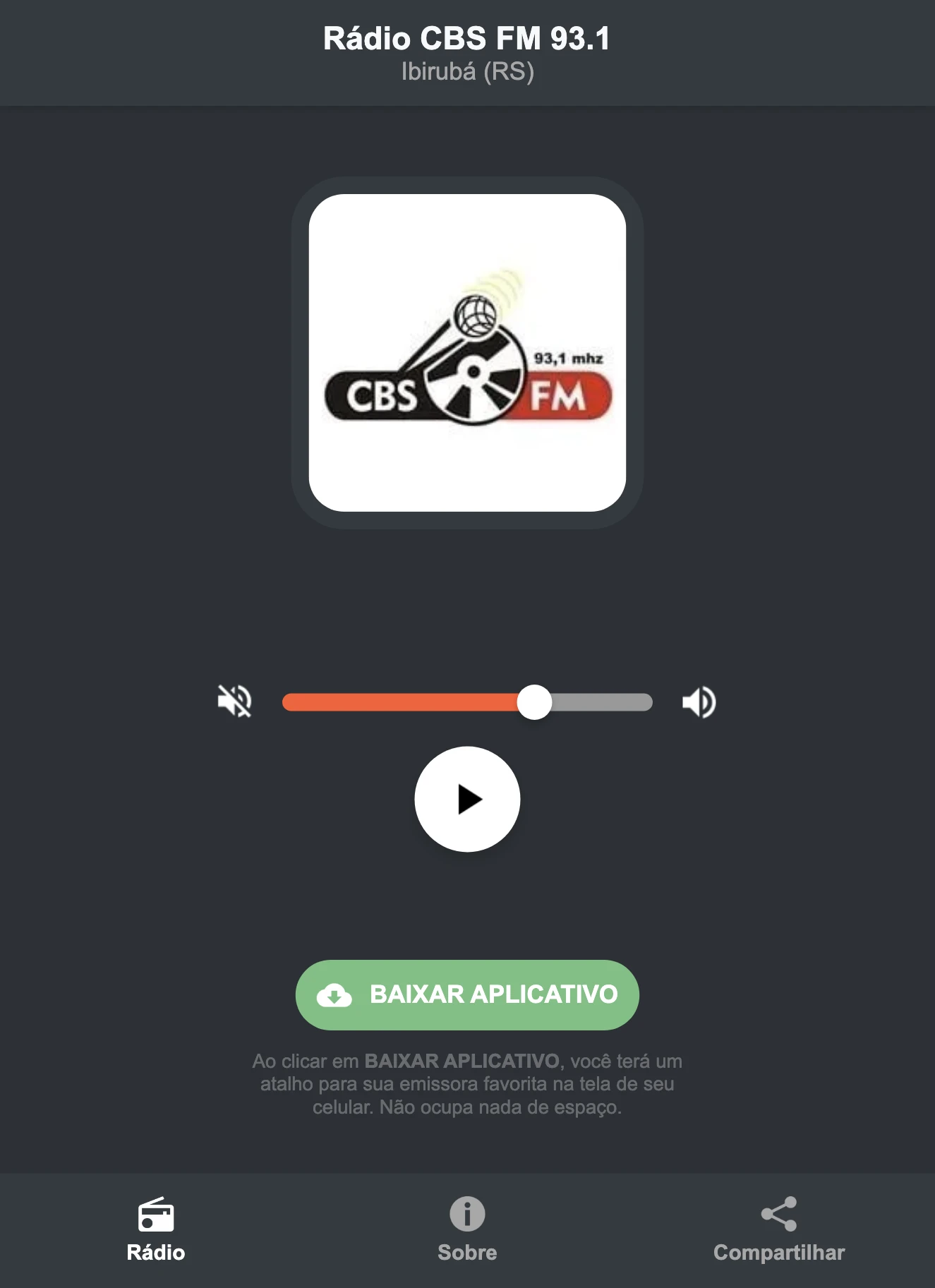 Screenshot do aplicativo da Rádio CBS FM 93.1