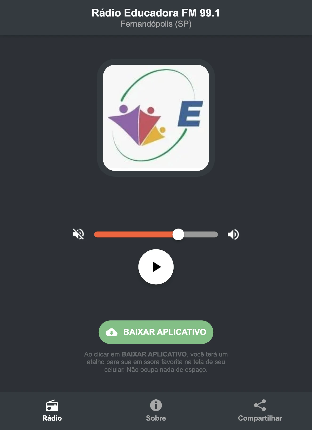 Screenshot do aplicativo da Rádio Educadora FM 99.1