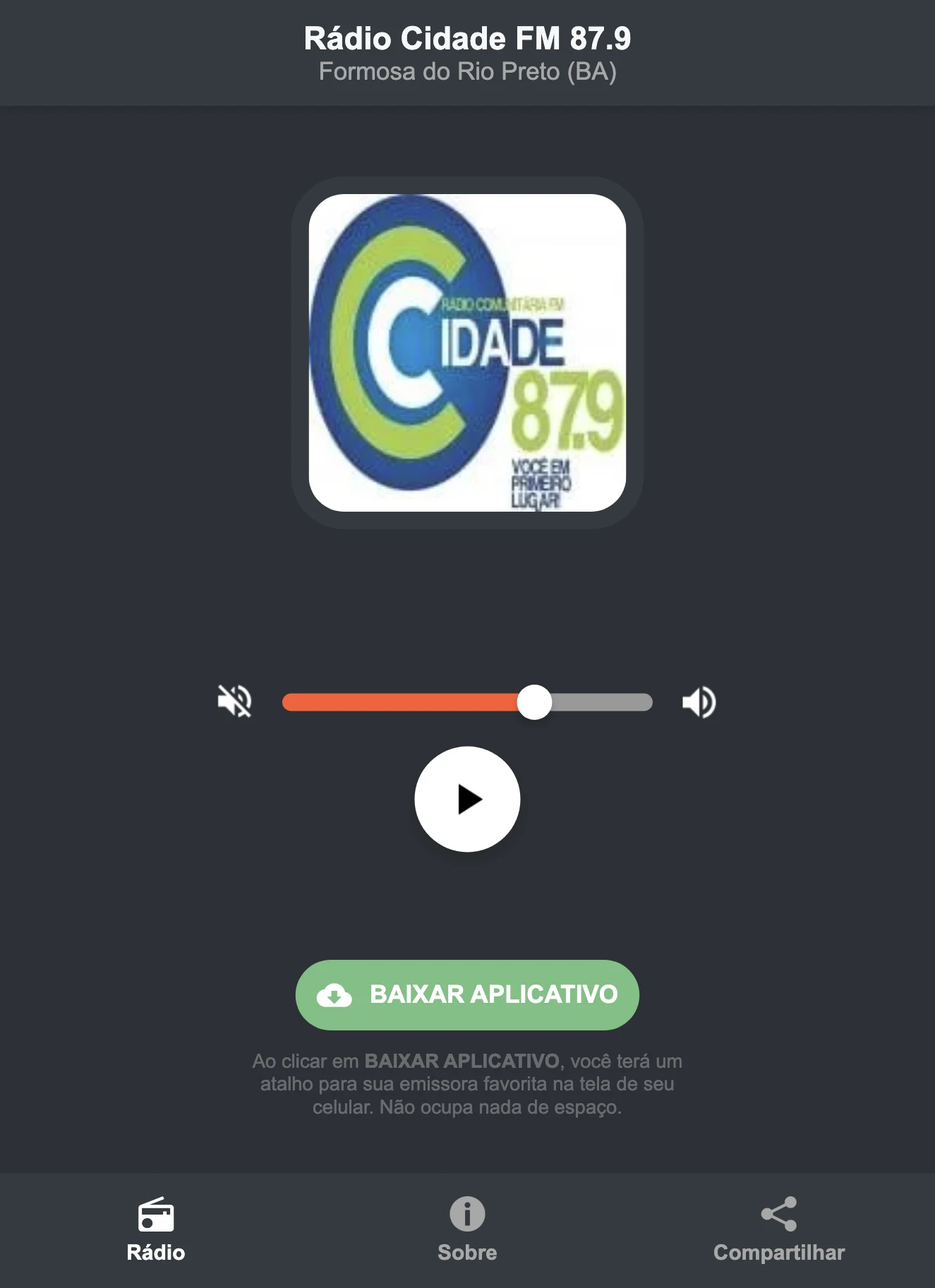 Screenshot do aplicativo da Rádio Cidade FM 87.9