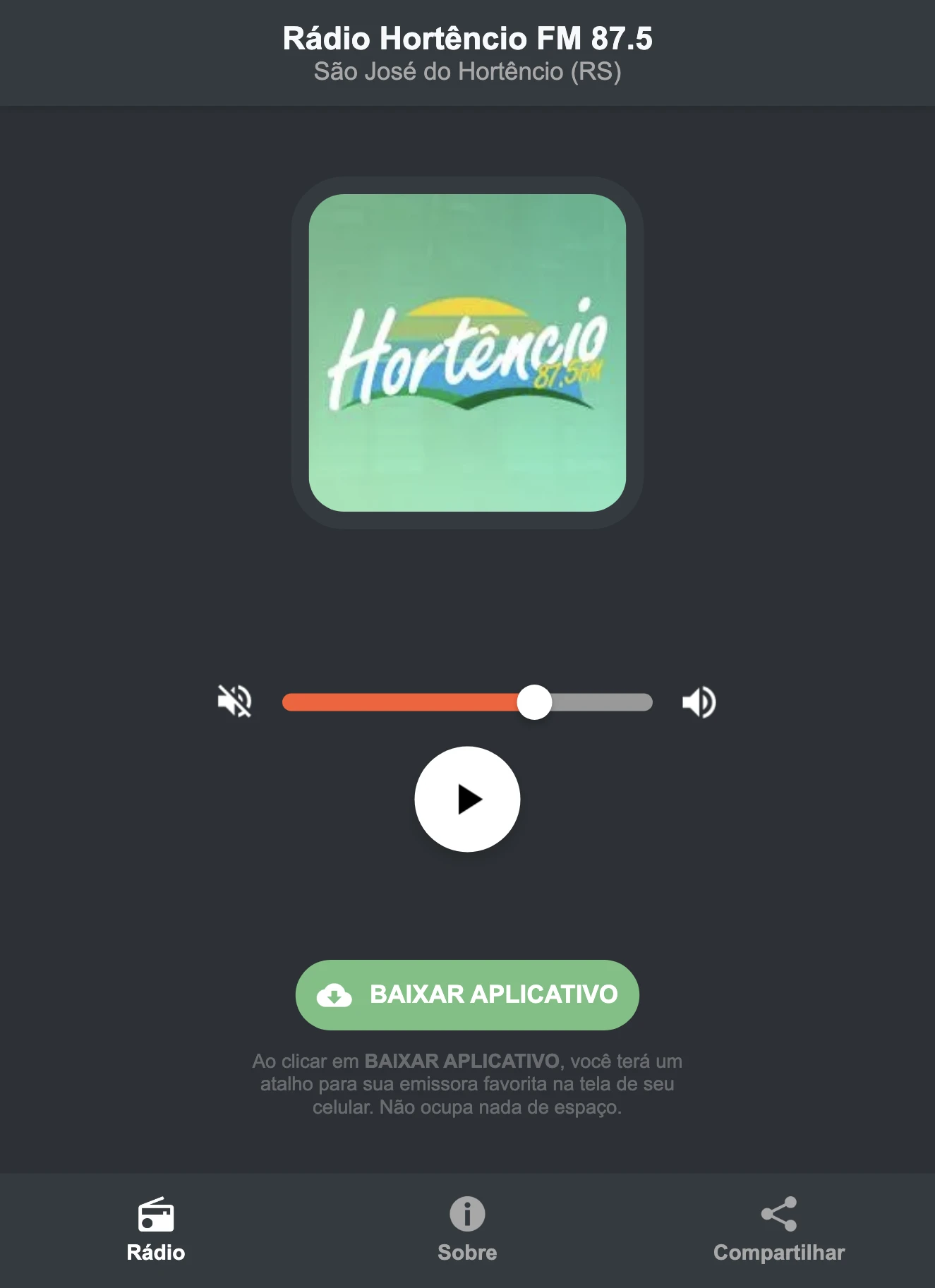 Screenshot do aplicativo da Rádio Hortêncio FM 87.5