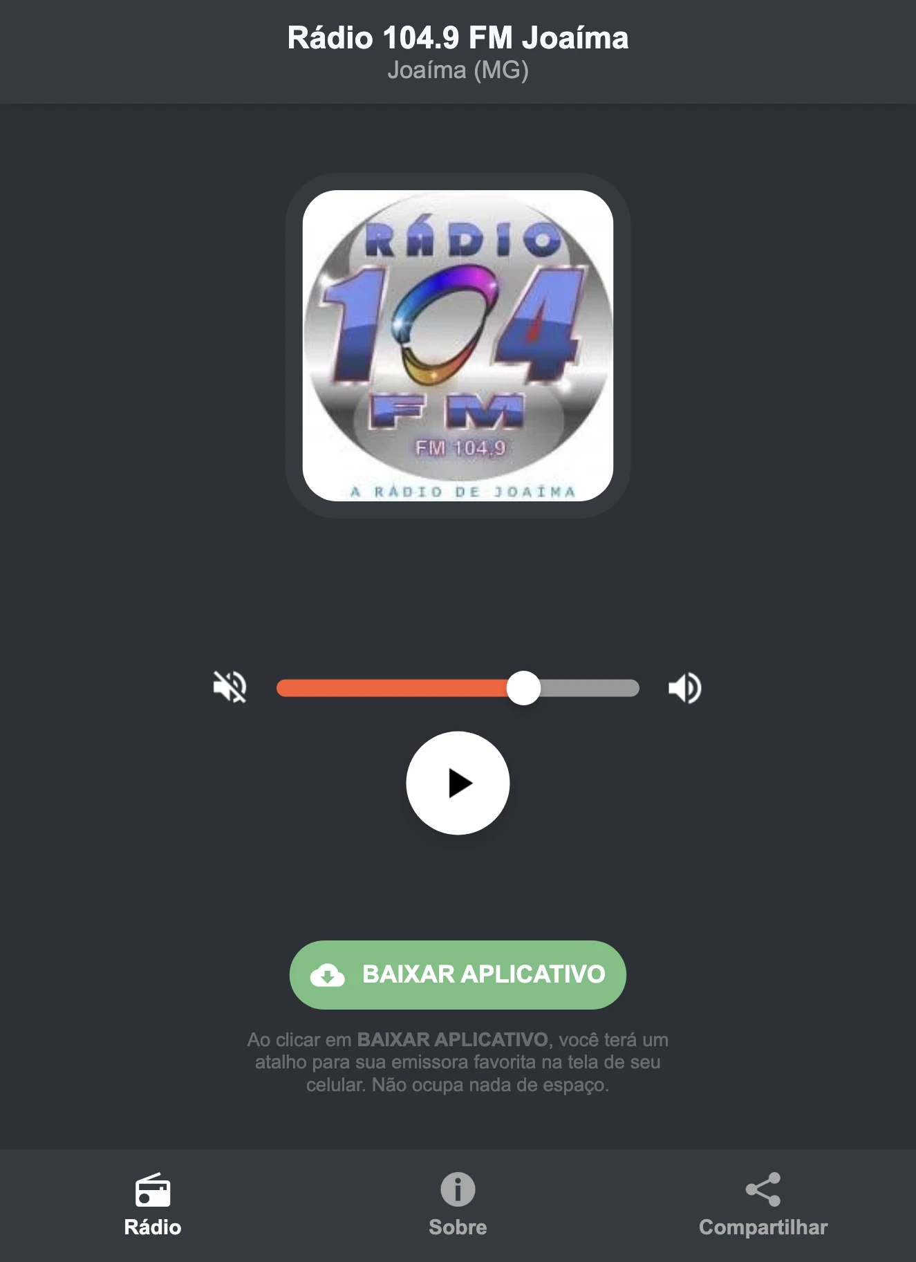 Screenshot do aplicativo da Rádio 104.9 FM Joaíma
