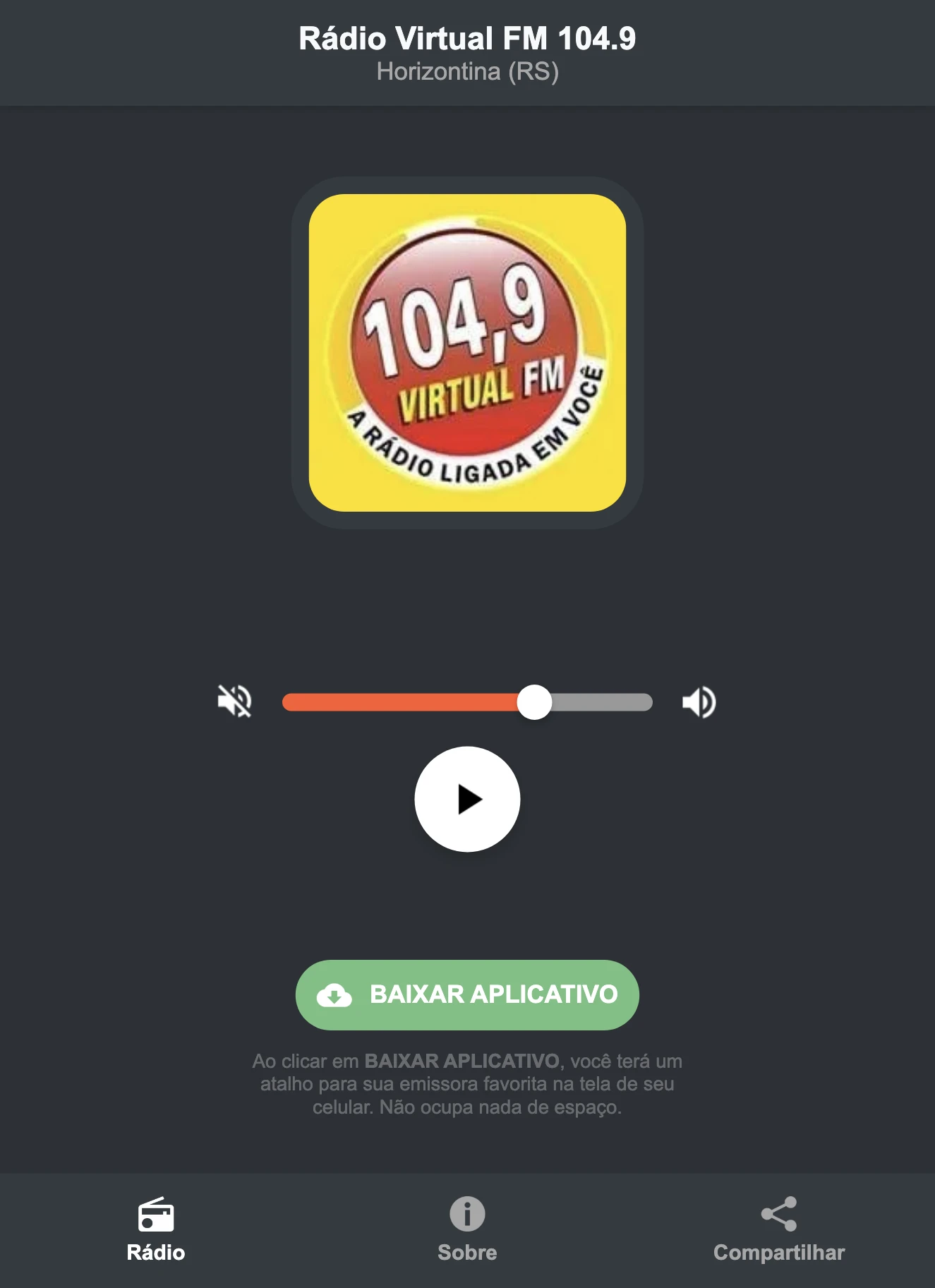 Screenshot do aplicativo da Rádio Virtual FM 104.9