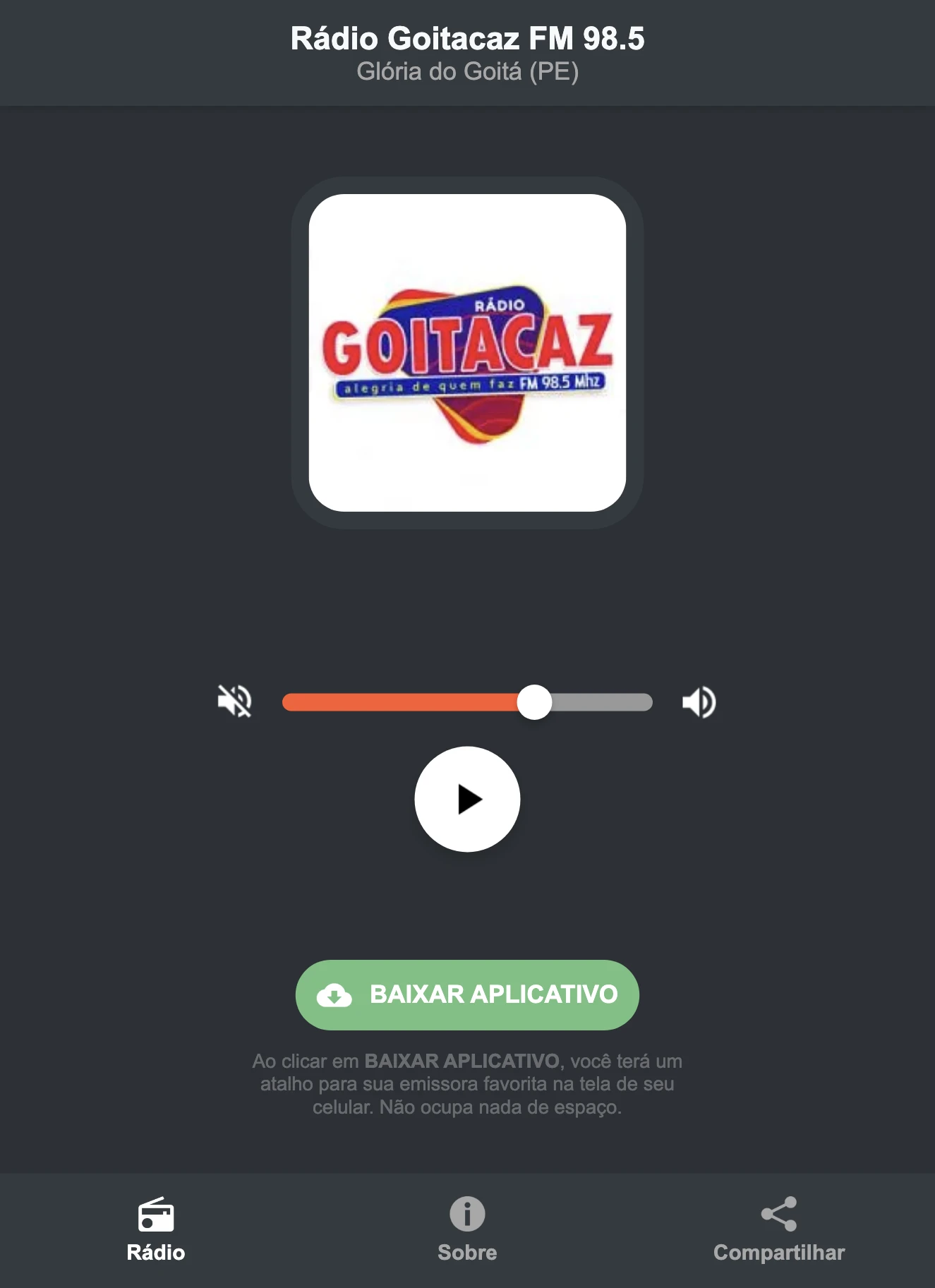 Screenshot do aplicativo da Rádio Goitacaz FM 98.5