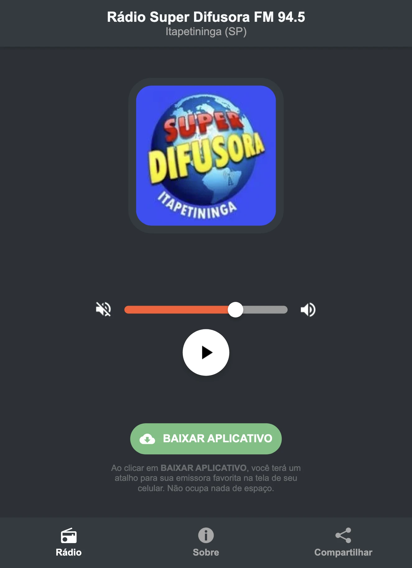 Screenshot do aplicativo da Rádio Super Difusora FM 94.5