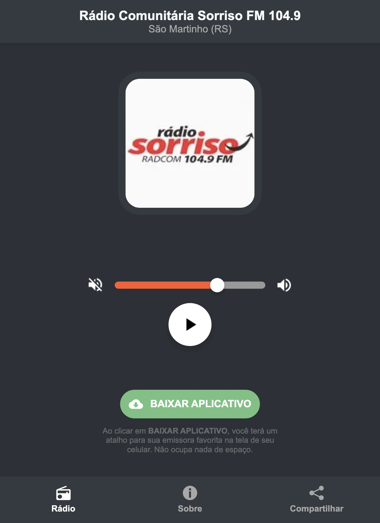 Screenshot do aplicativo da Rádio Comunitária Sorriso FM 104.9