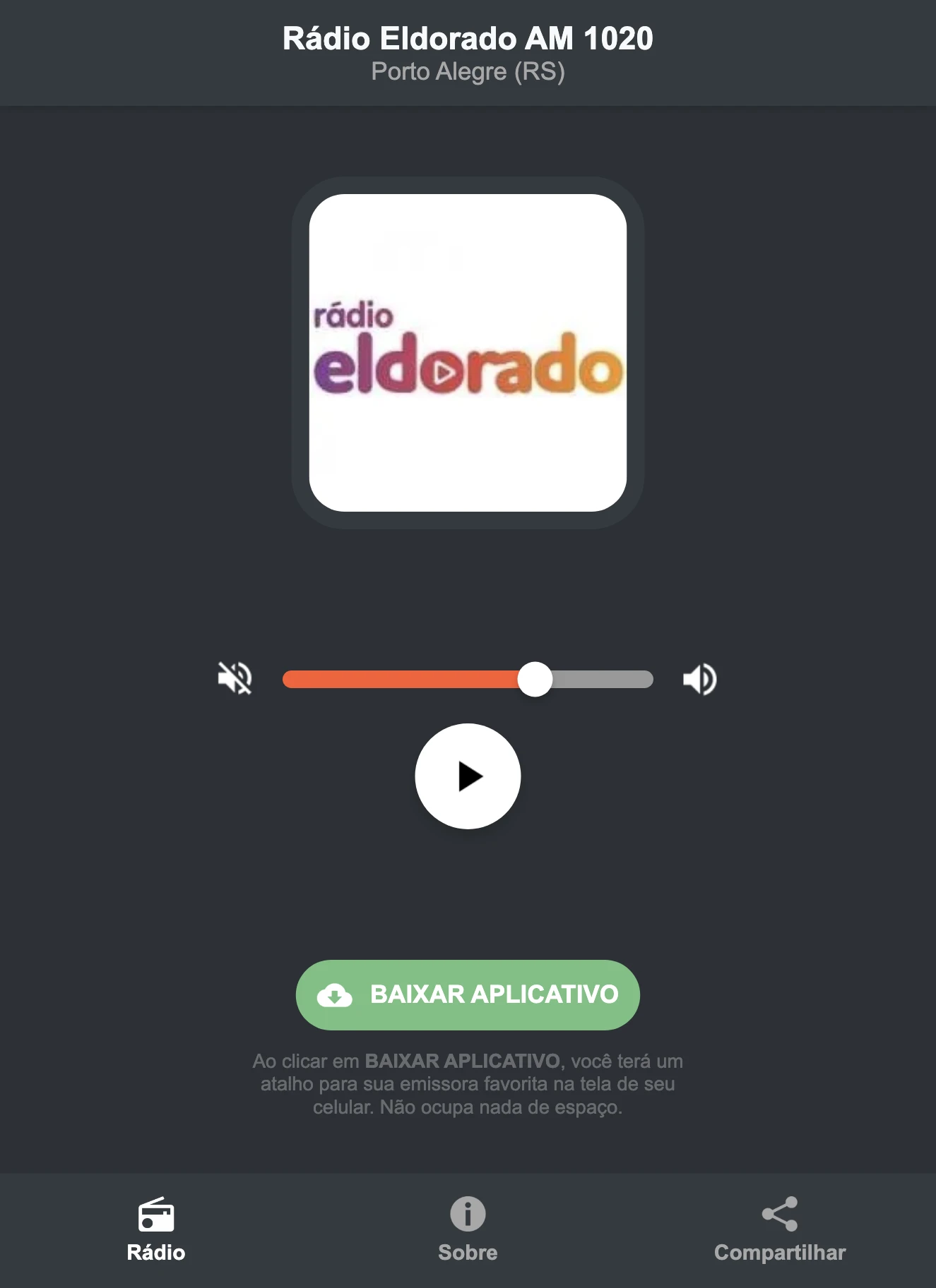 Screenshot do aplicativo da Rádio Eldorado AM 1020