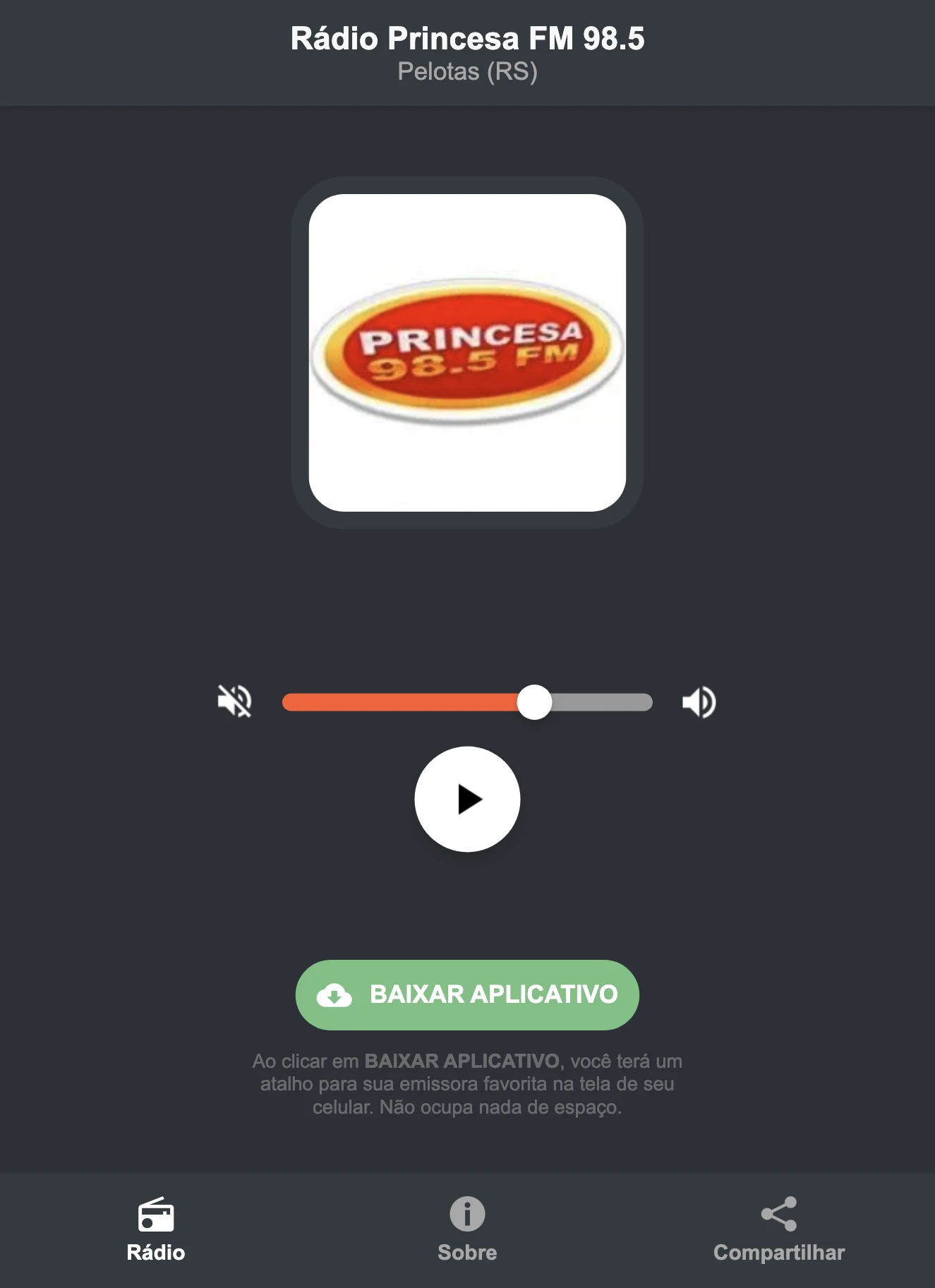 Screenshot do aplicativo da Rádio Princesa FM 98.5