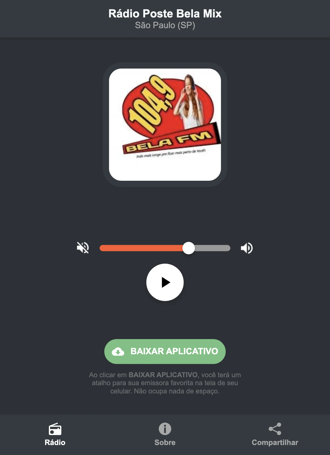 Screenshot do aplicativo da Rádio Poste Bela Mix