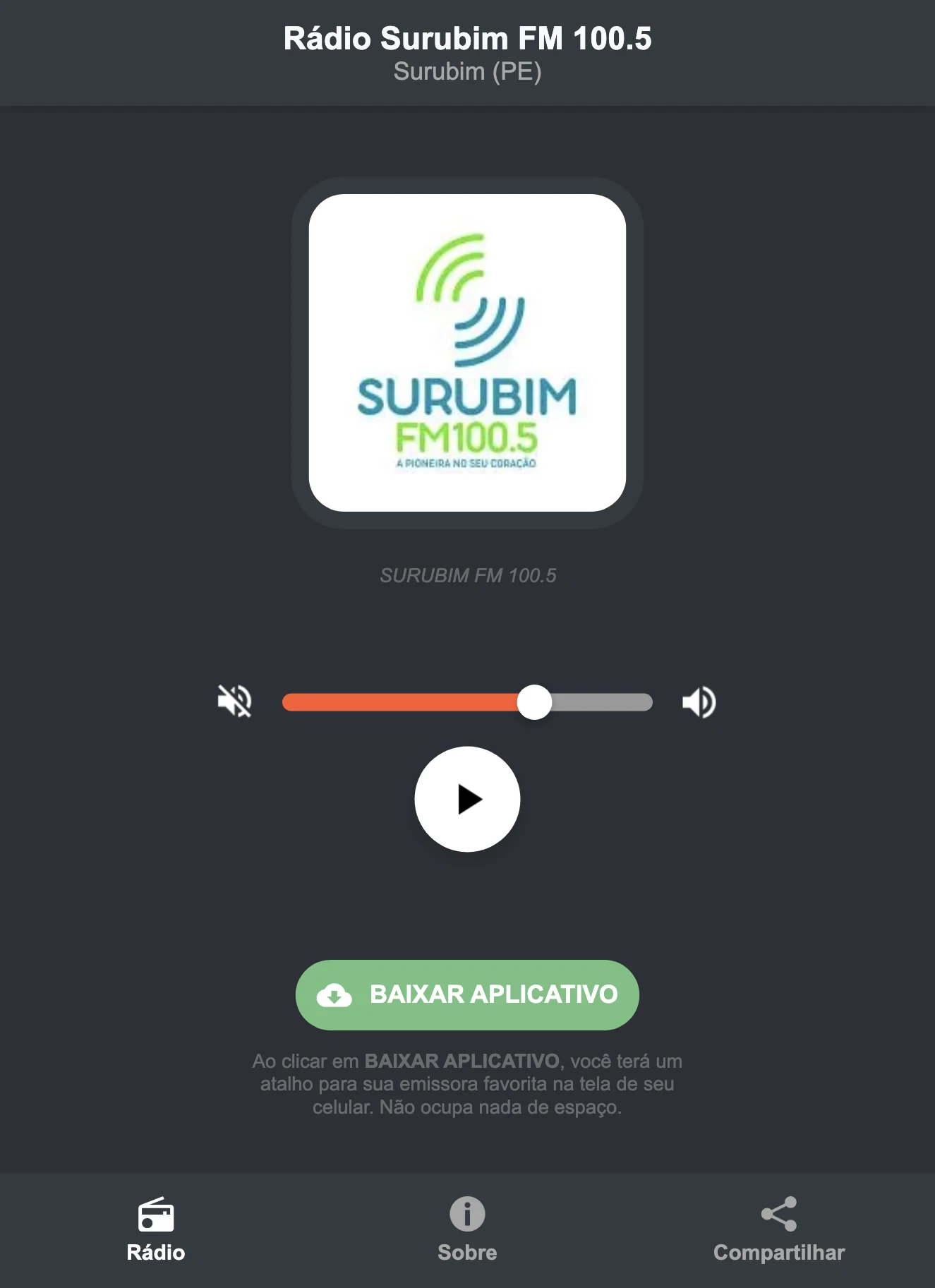 Screenshot do aplicativo da Rádio Surubim FM 100.5