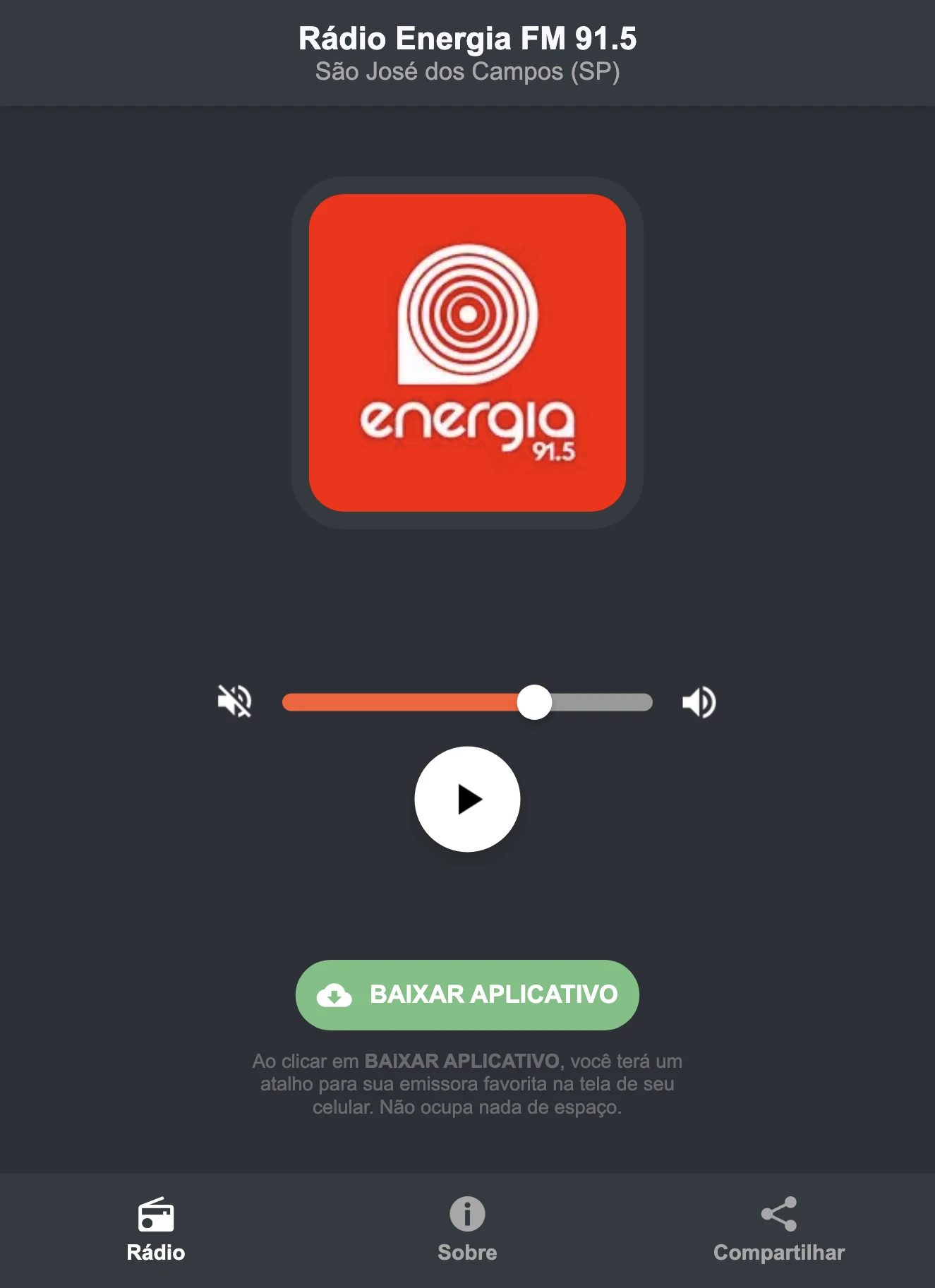 Screenshot do aplicativo da Rádio Energia FM 91.5