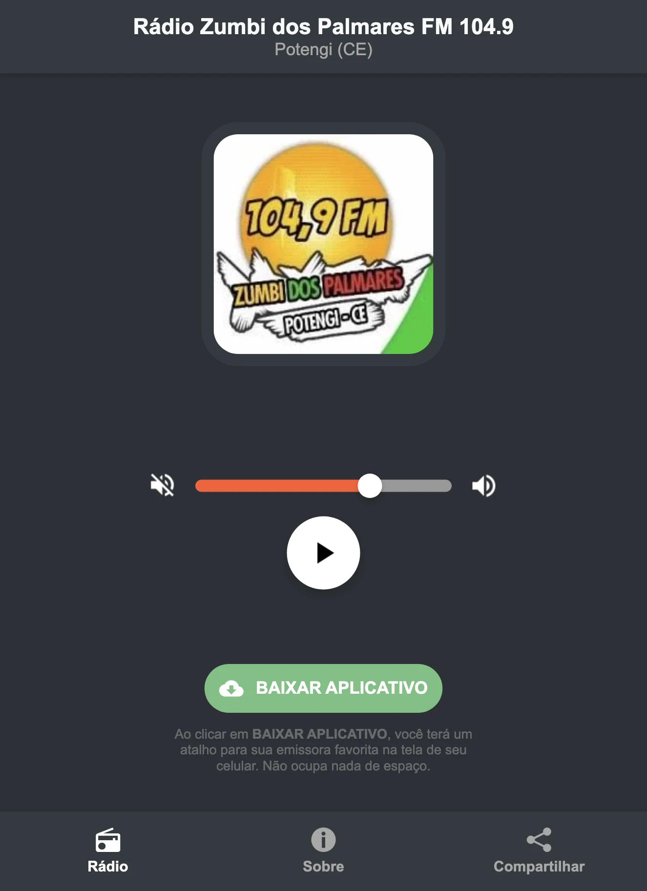 Screenshot do aplicativo da Rádio Zumbi dos Palmares FM 104.9