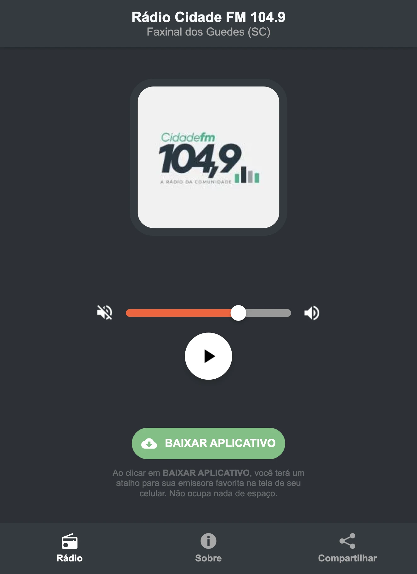 Screenshot do aplicativo da Rádio Cidade FM 104.9