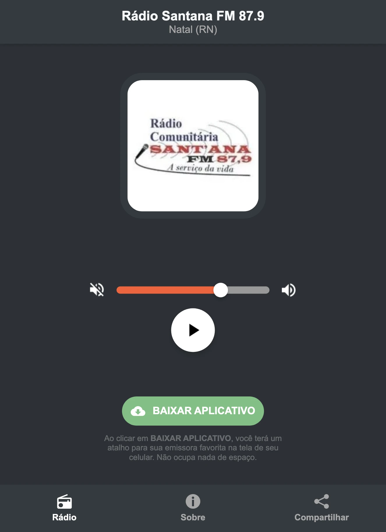 Screenshot do aplicativo da Rádio Santana FM 87.9