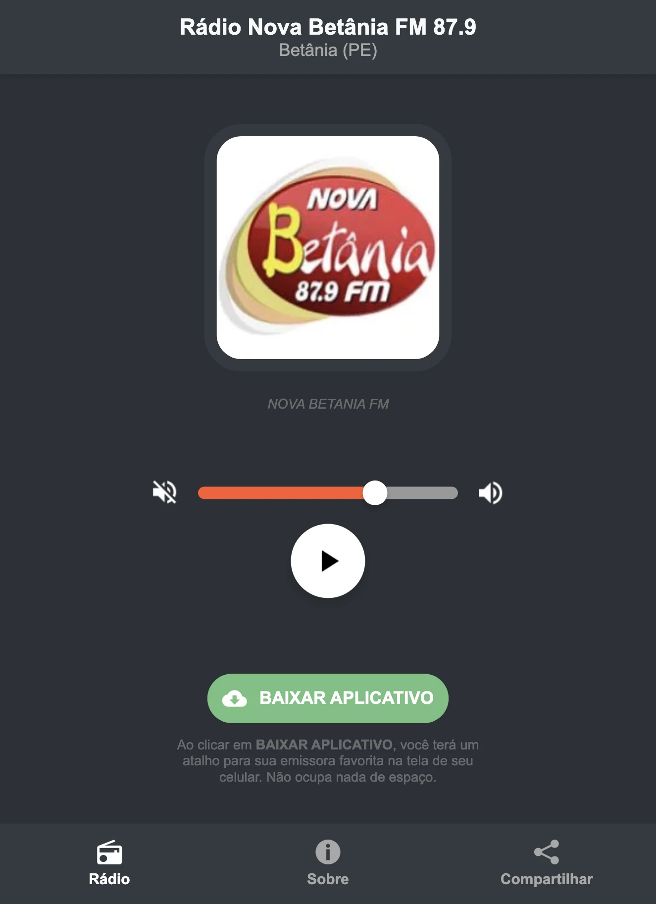 Screenshot do aplicativo da Rádio Nova Betânia FM 87.9
