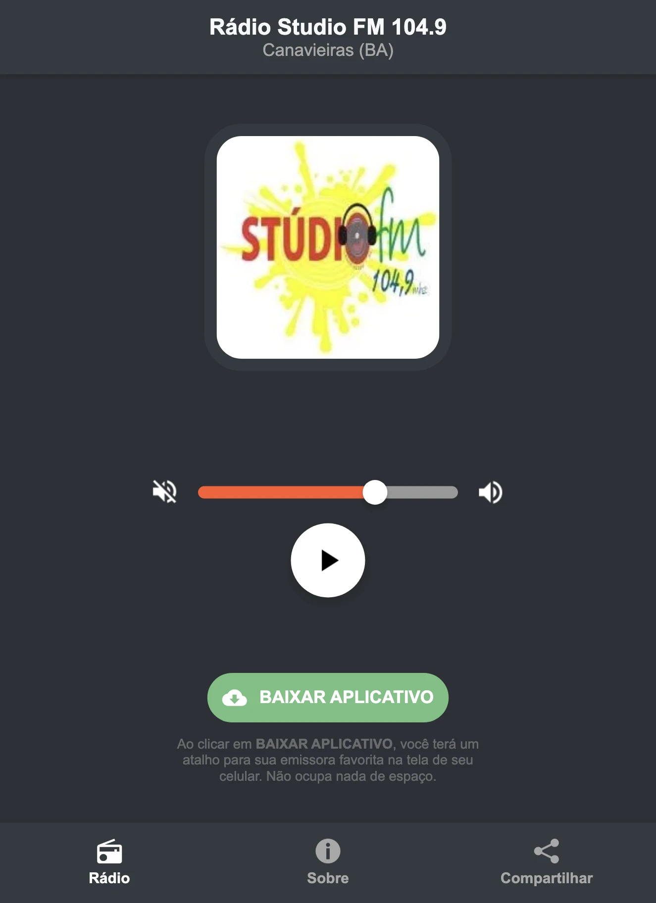 Screenshot do aplicativo da Rádio Studio FM 104.9