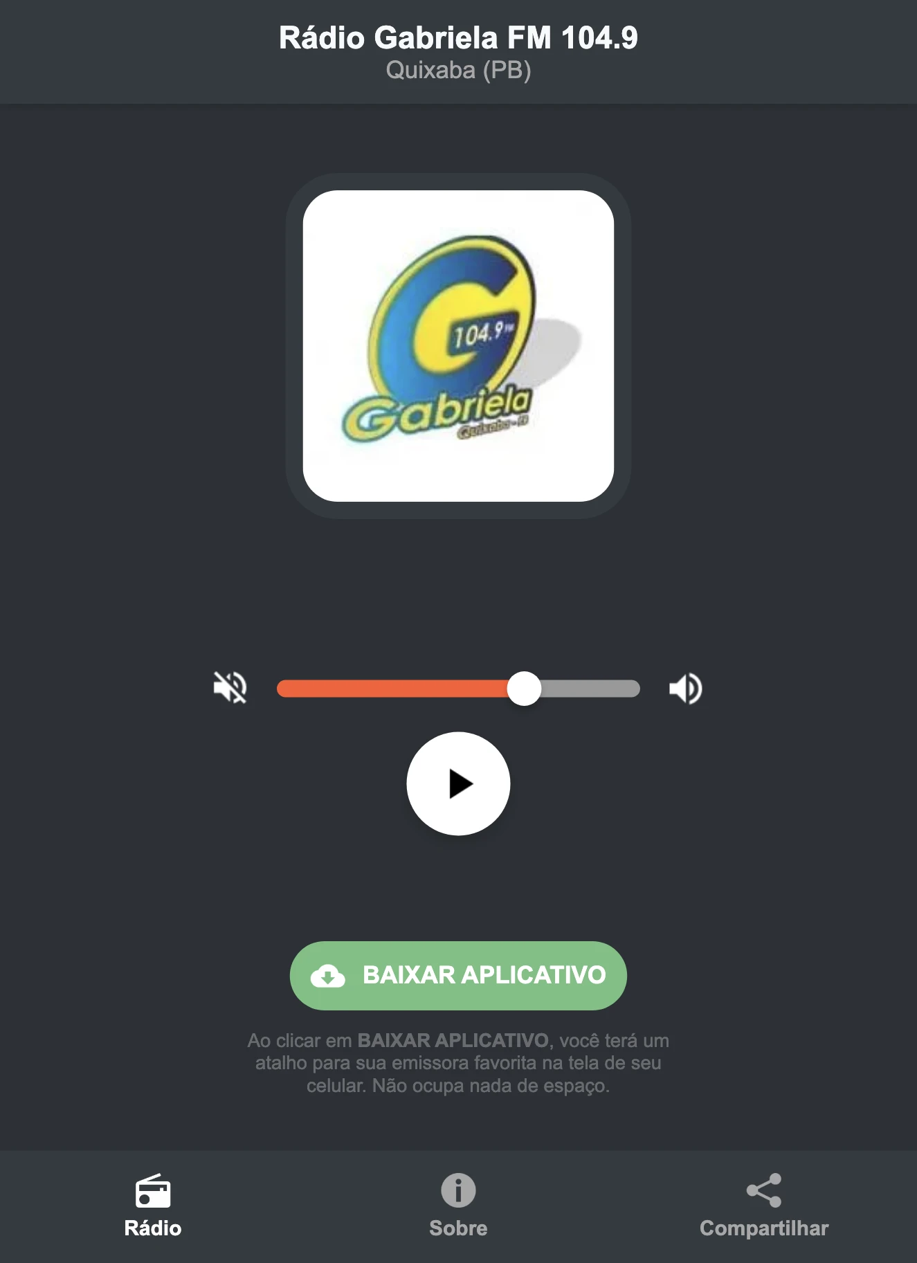 Screenshot do aplicativo da Rádio Gabriela FM 104.9