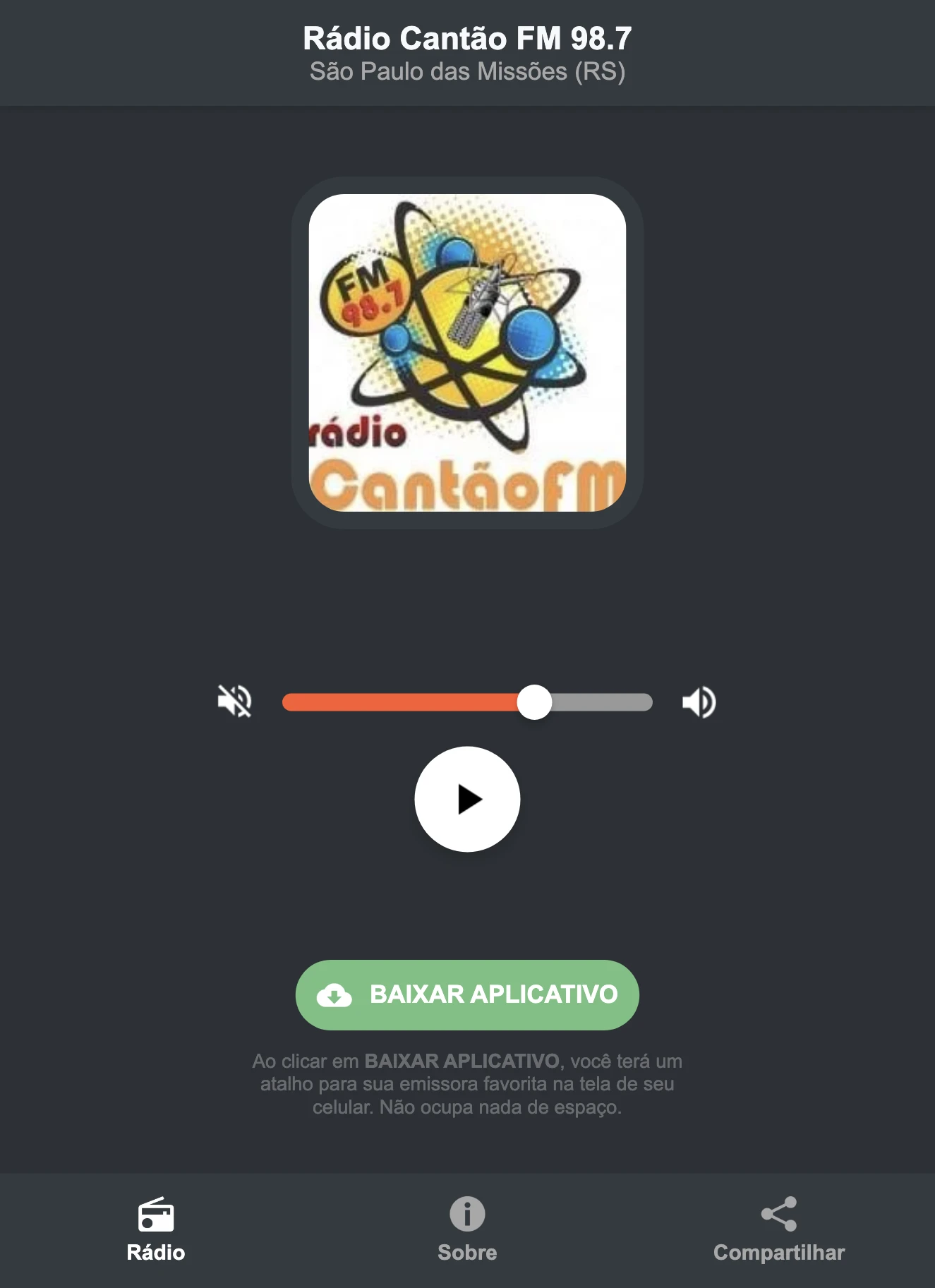 Screenshot do aplicativo da Rádio Cantão FM 98.7