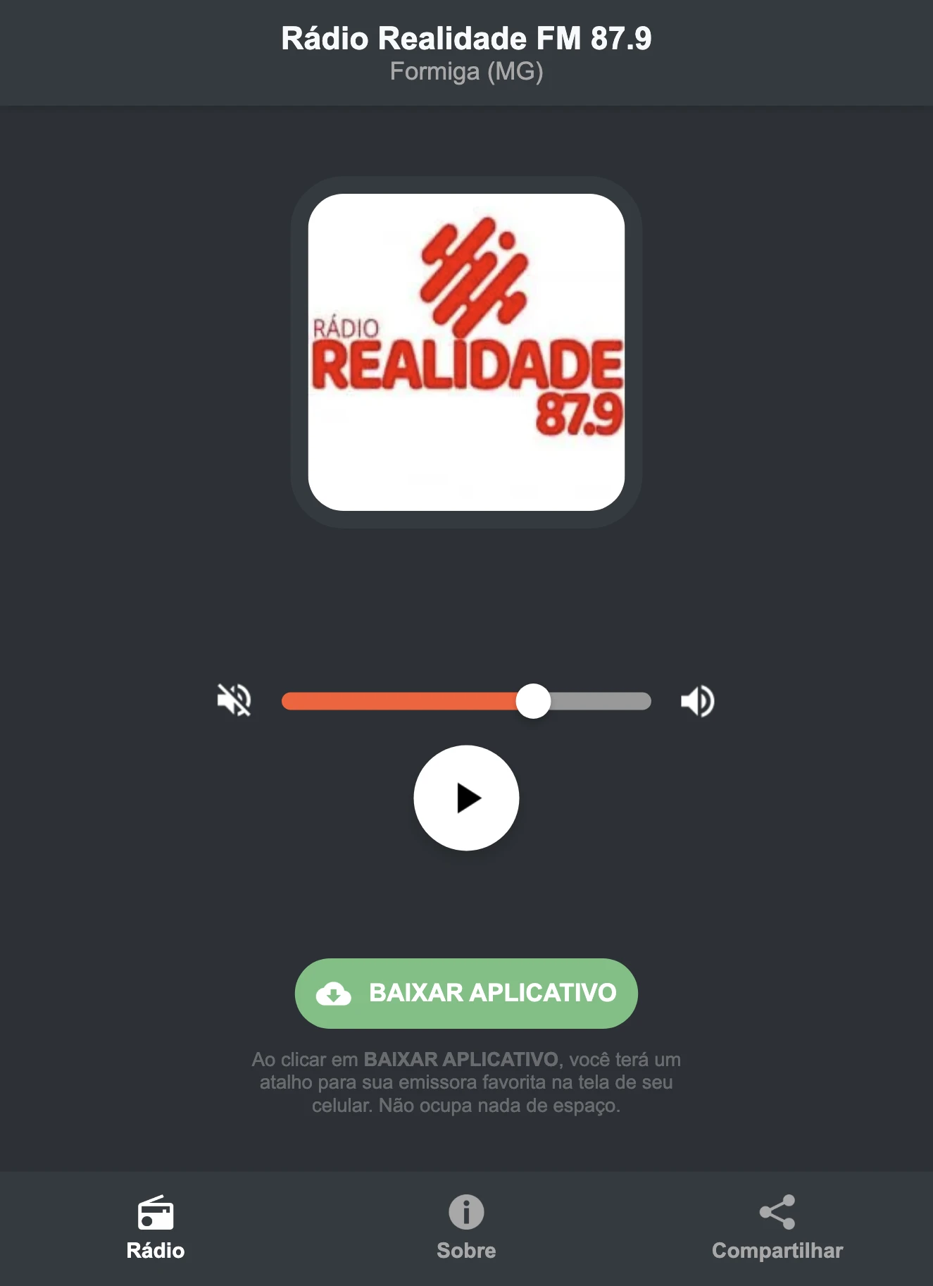 Screenshot do aplicativo da Rádio Realidade FM 87.9