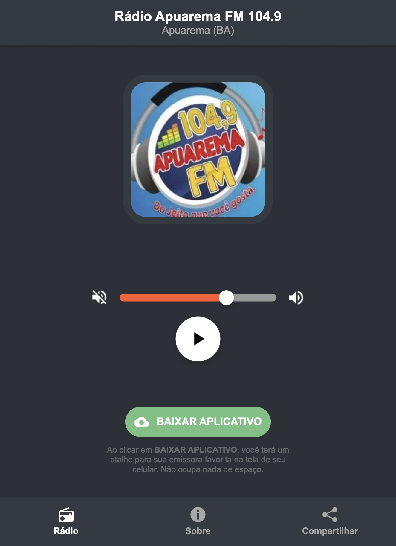 Screenshot do aplicativo da Rádio Apuarema FM 104.9