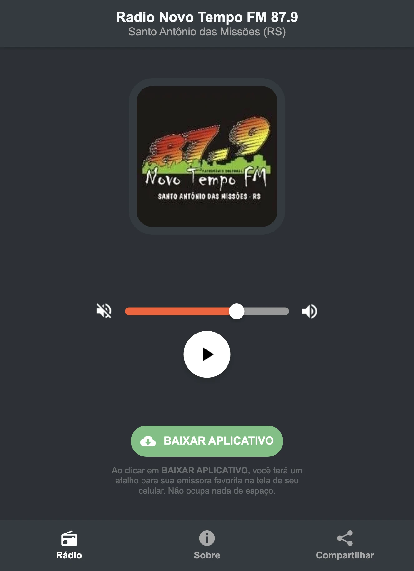 Screenshot do aplicativo da Radio Novo Tempo FM 87.9