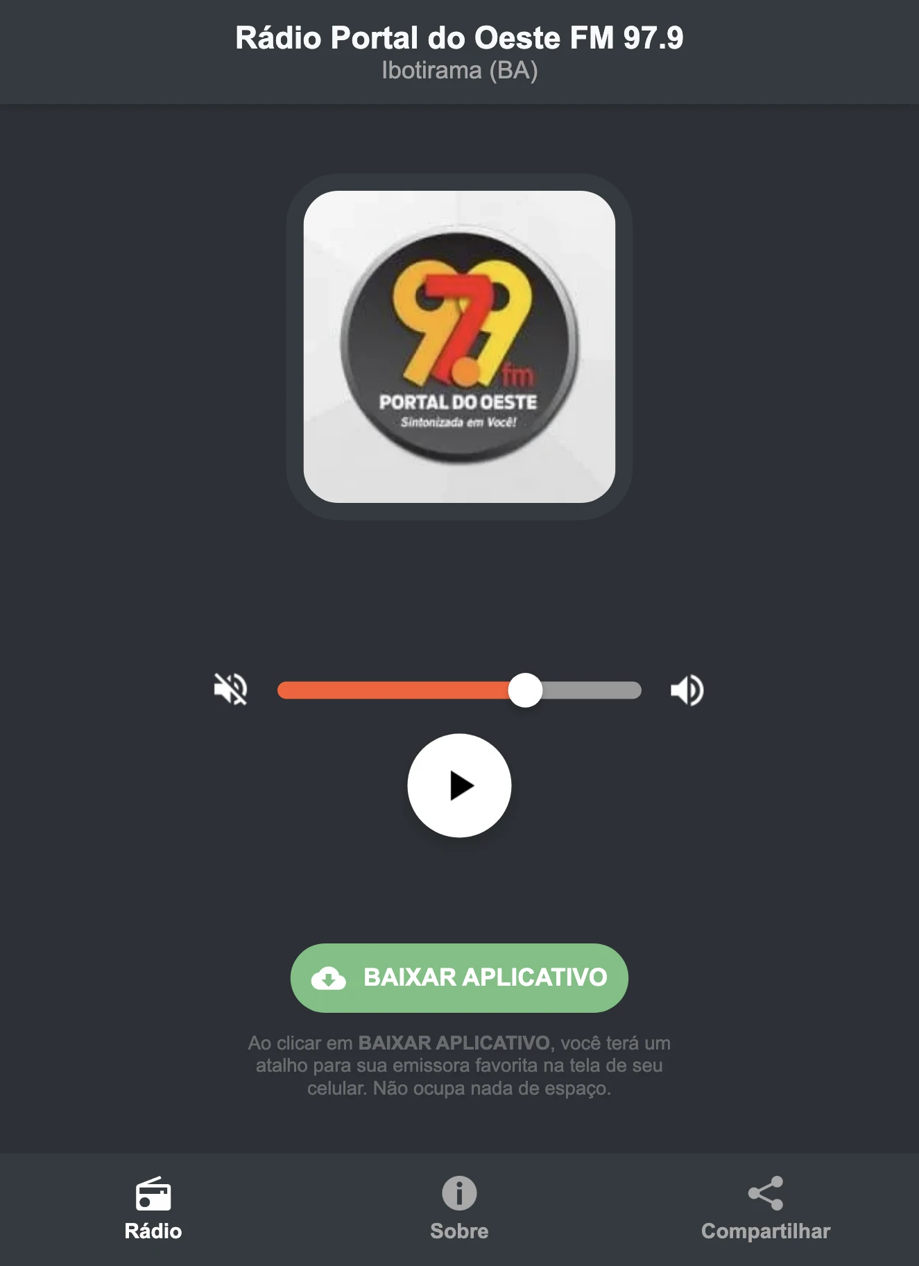 Screenshot do aplicativo da Rádio Portal do Oeste FM 97.9
