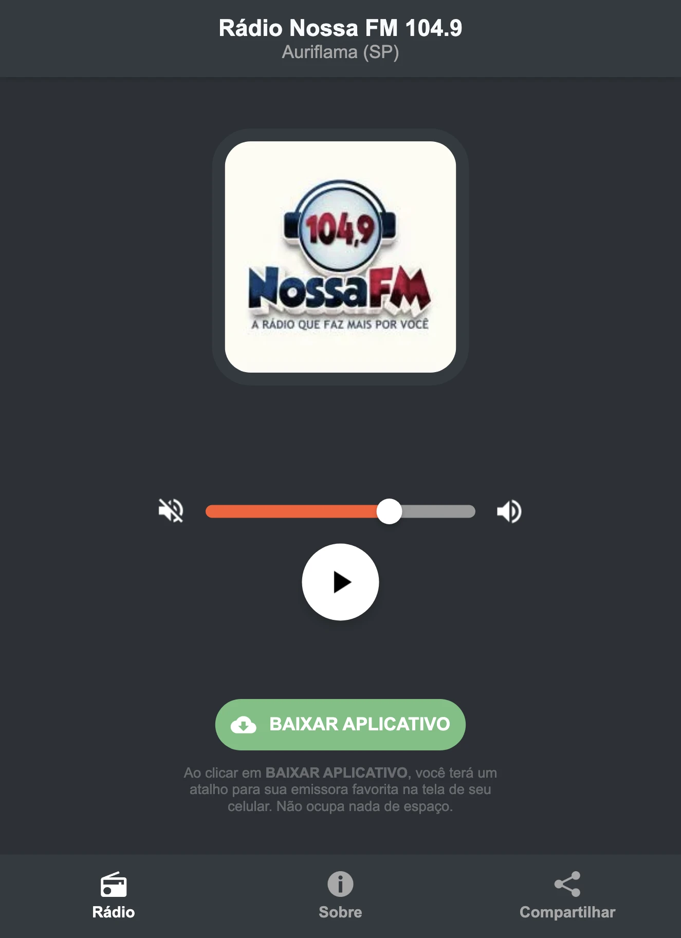 Screenshot do aplicativo da Rádio Nossa FM 104.9