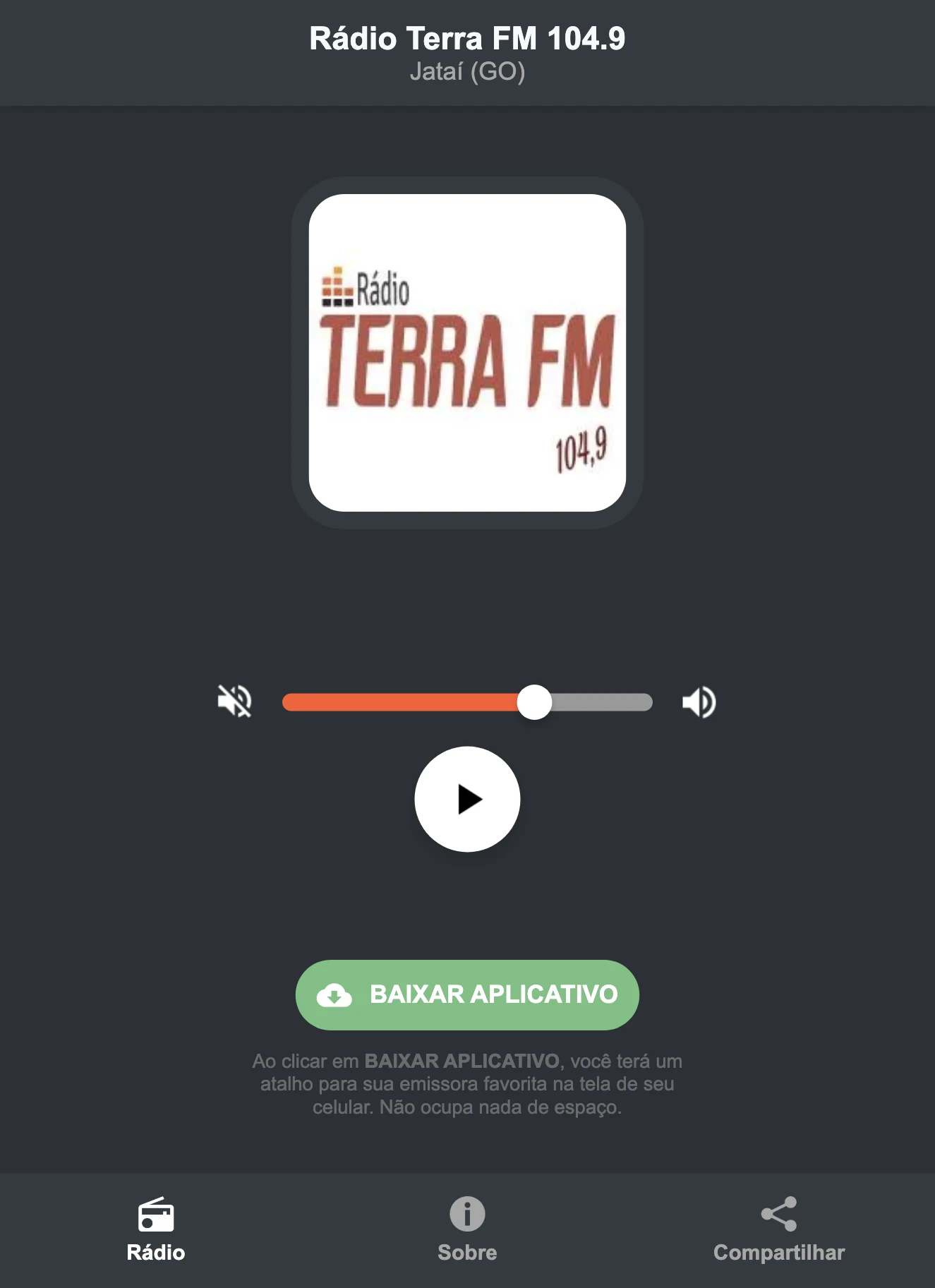 Screenshot do aplicativo da Rádio Terra FM 104.9