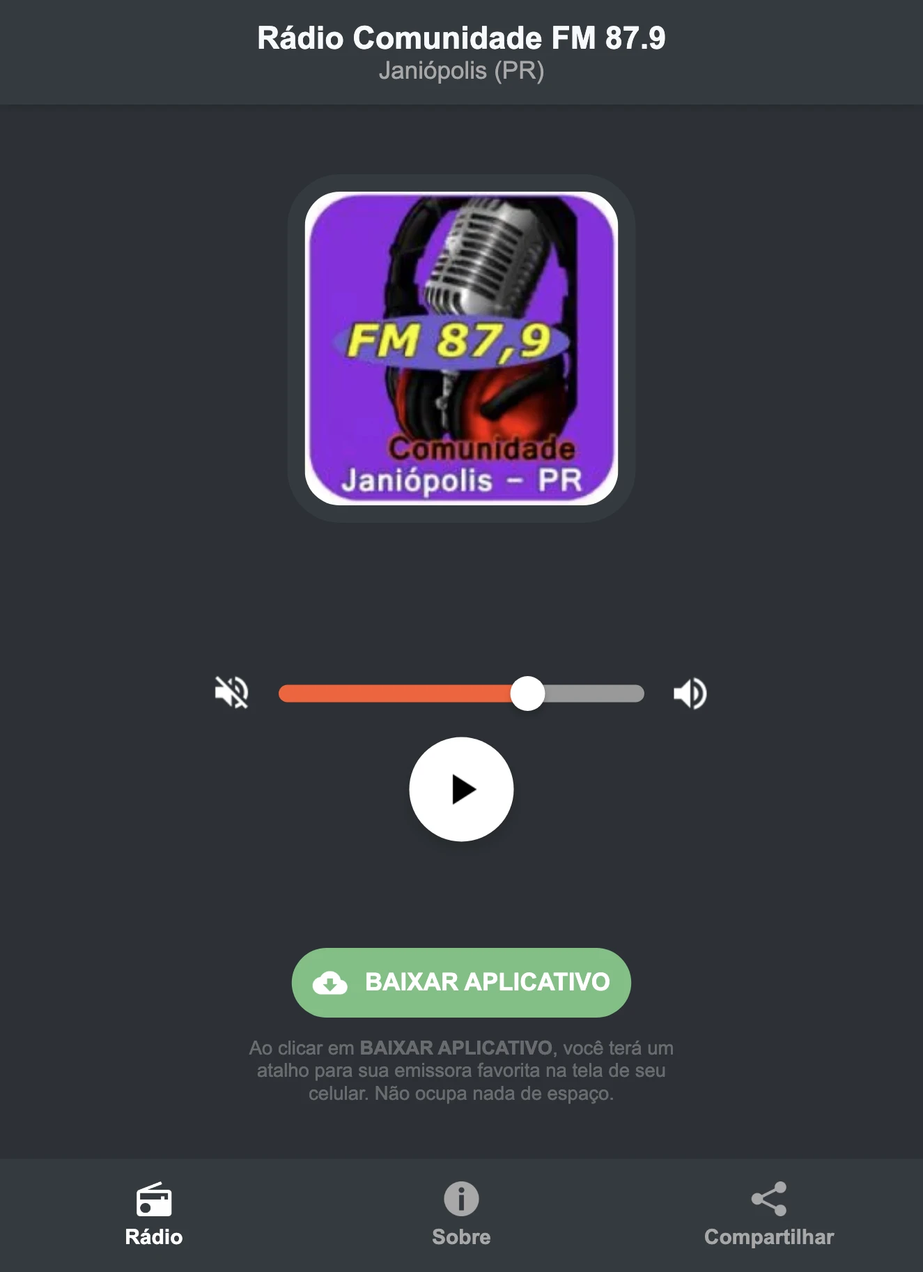 Screenshot do aplicativo da Rádio Comunidade FM 87.9