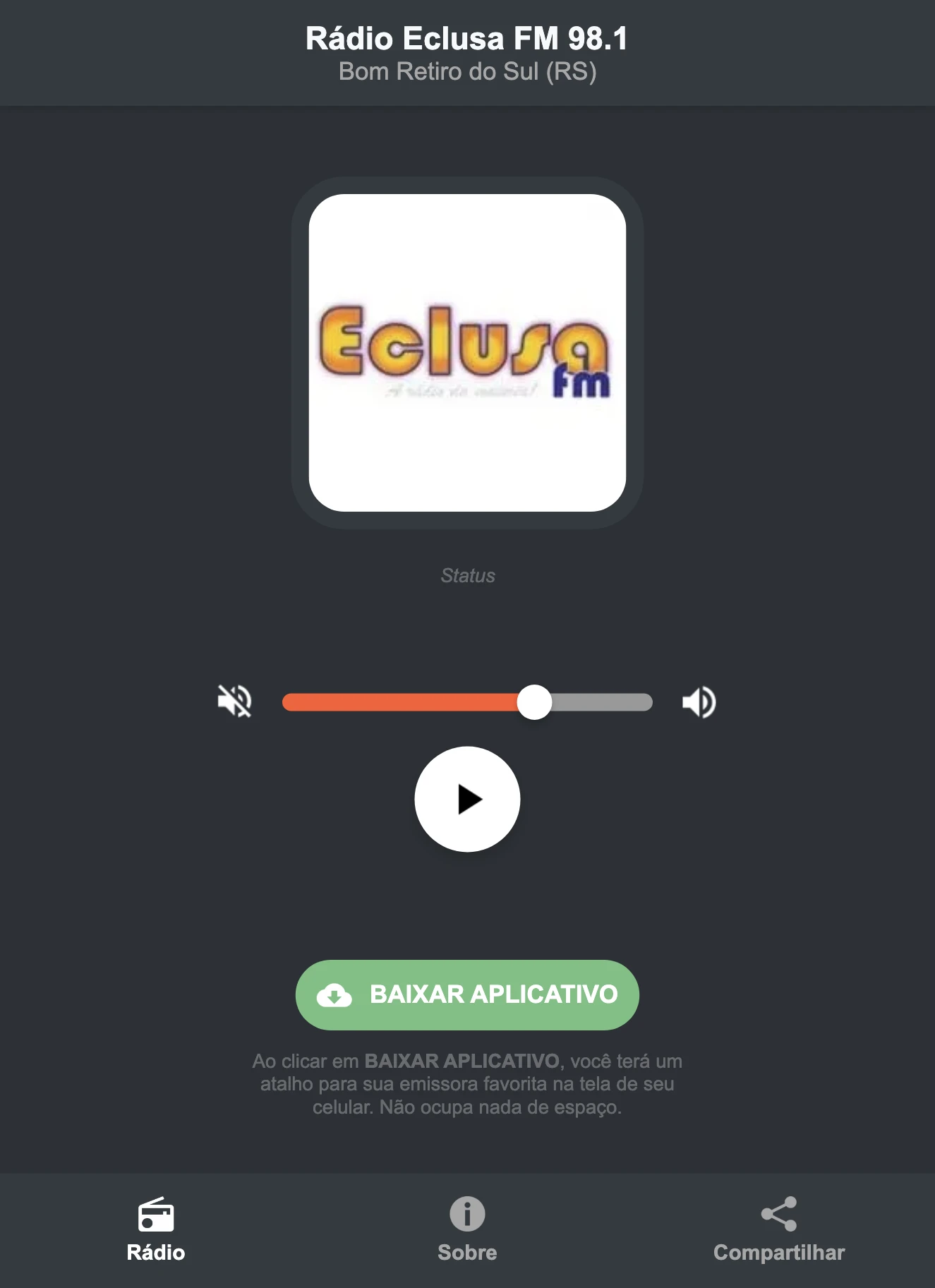 Screenshot do aplicativo da Rádio Eclusa FM 98.1
