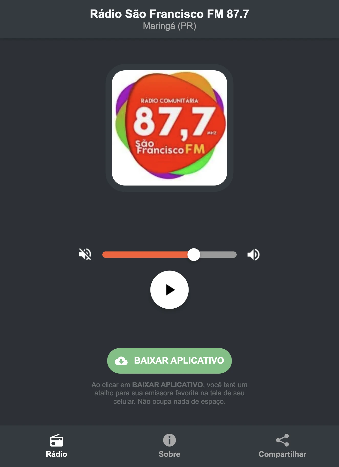 Screenshot do aplicativo da Rádio São Francisco FM 87.7