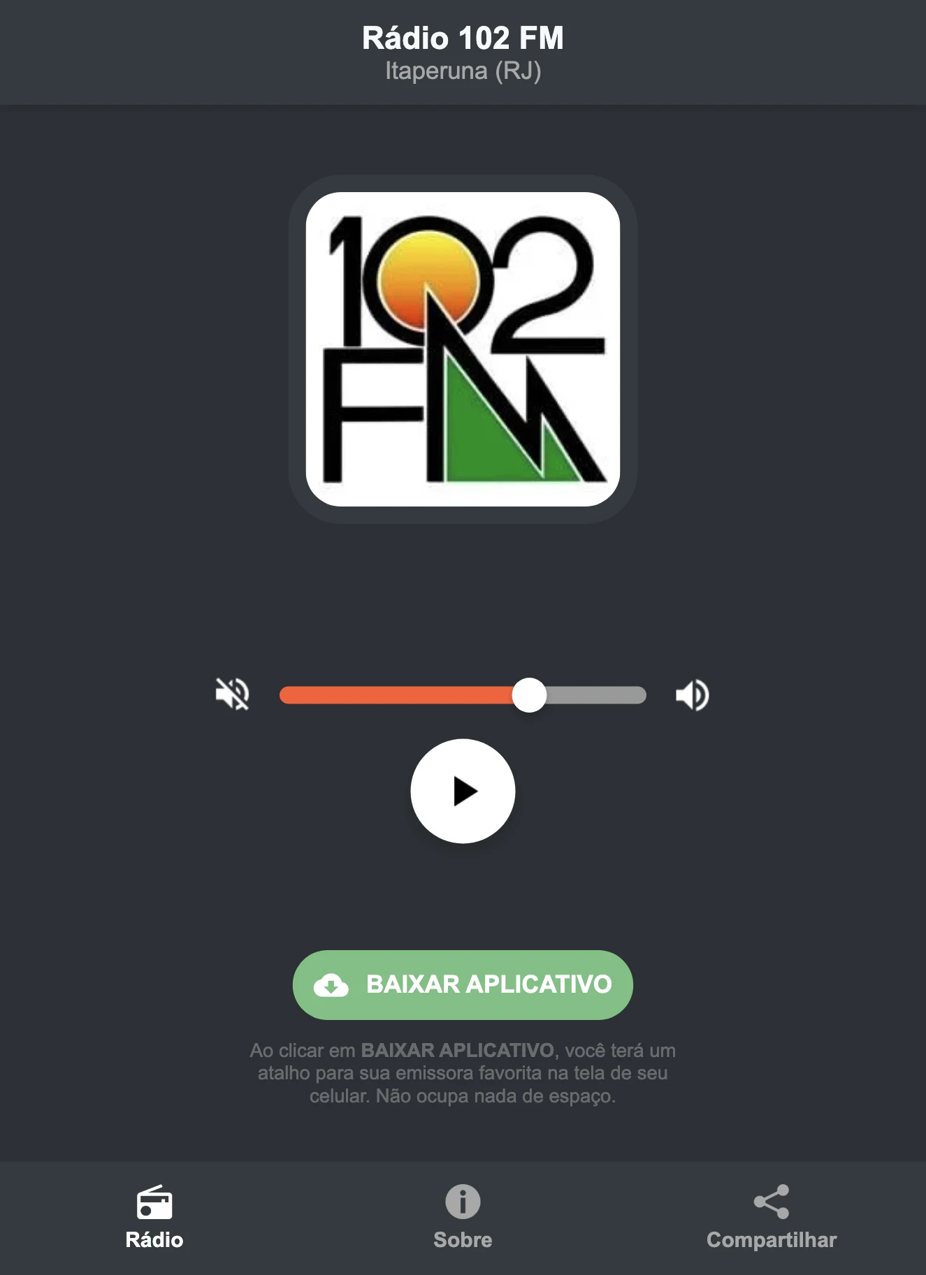 Screenshot do aplicativo da Rádio 102 FM