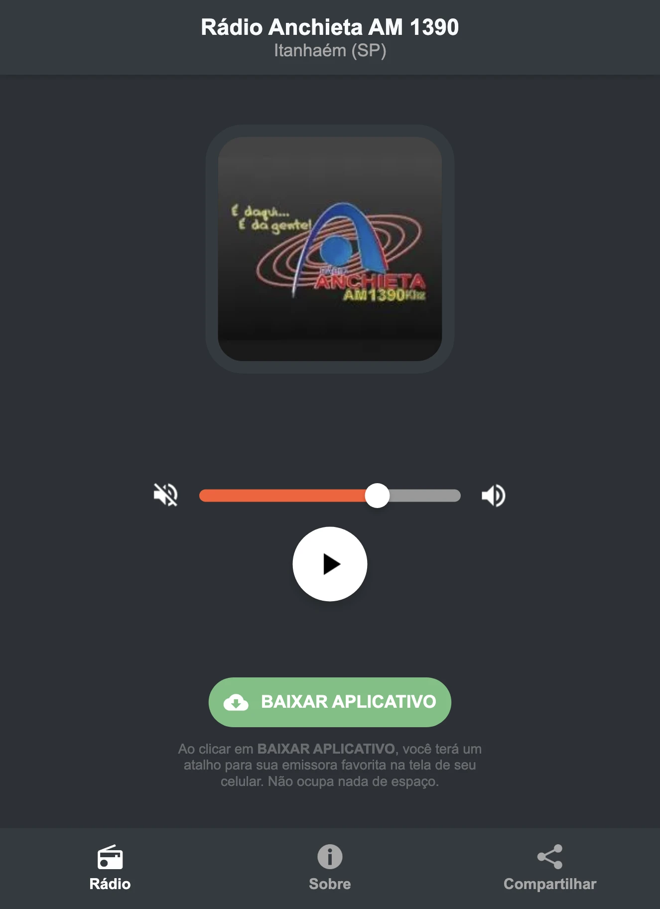 Screenshot do aplicativo da Rádio Anchieta AM 1390