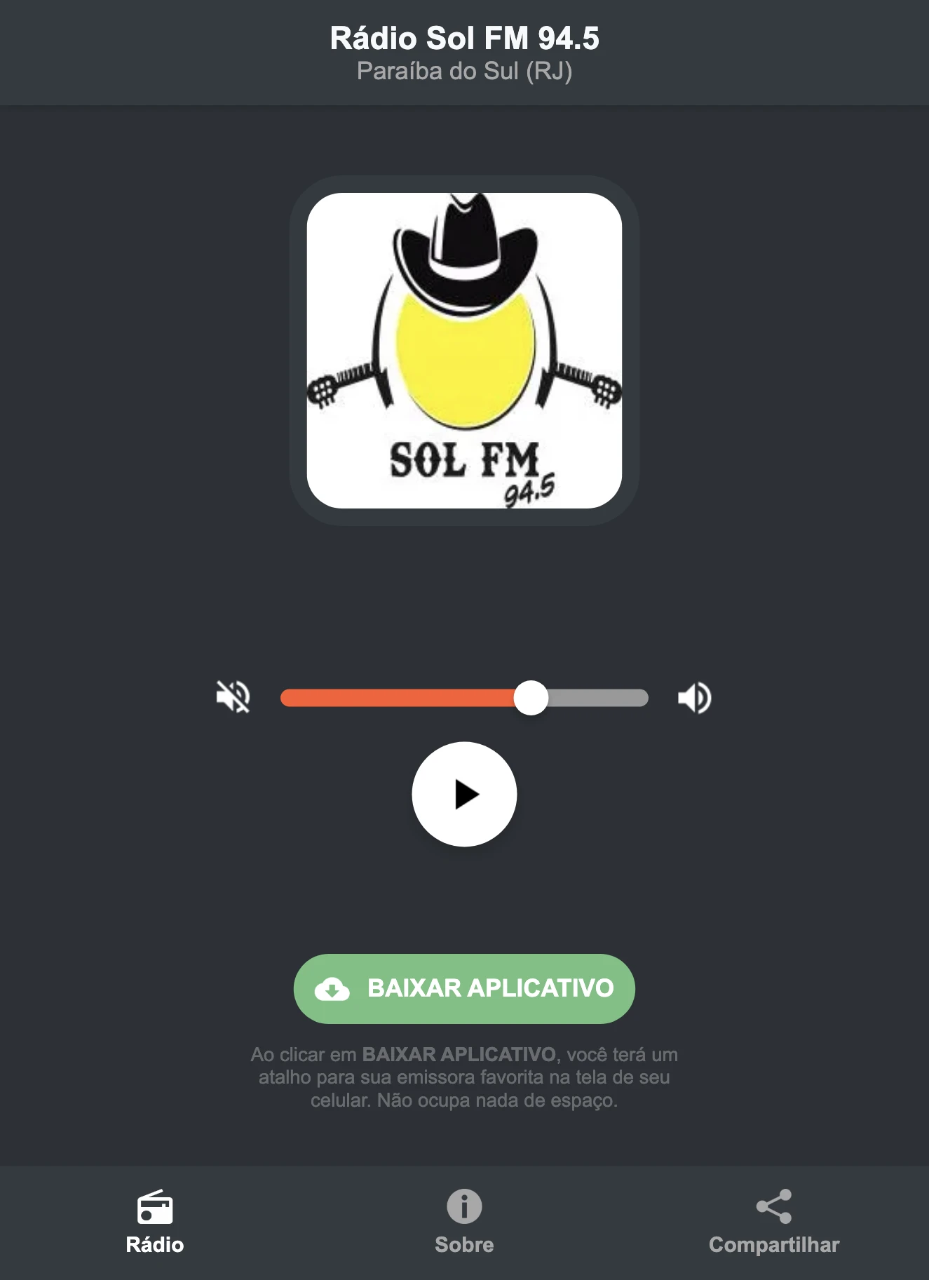 Screenshot do aplicativo da Rádio Sol FM 94.5
