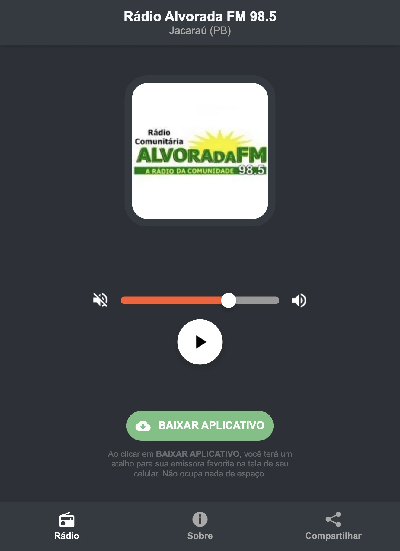 Screenshot do aplicativo da Rádio Alvorada FM 98.5