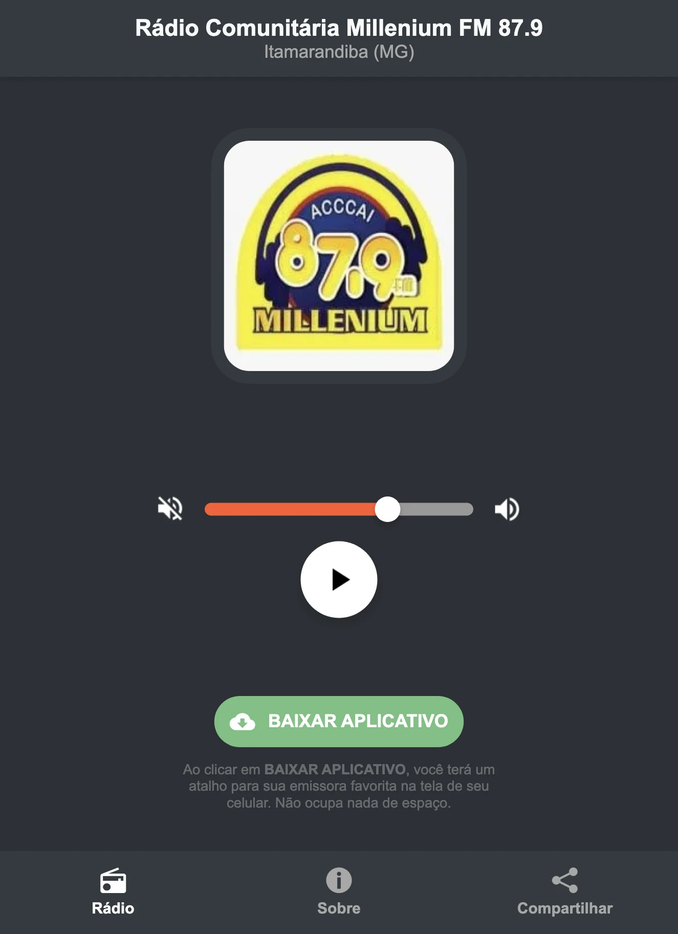 Screenshot do aplicativo da Rádio Comunitária Millenium FM 87.9