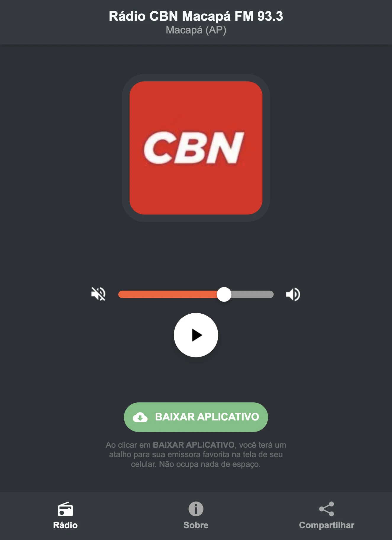 Screenshot do aplicativo da Rádio CBN Macapá FM 93.3