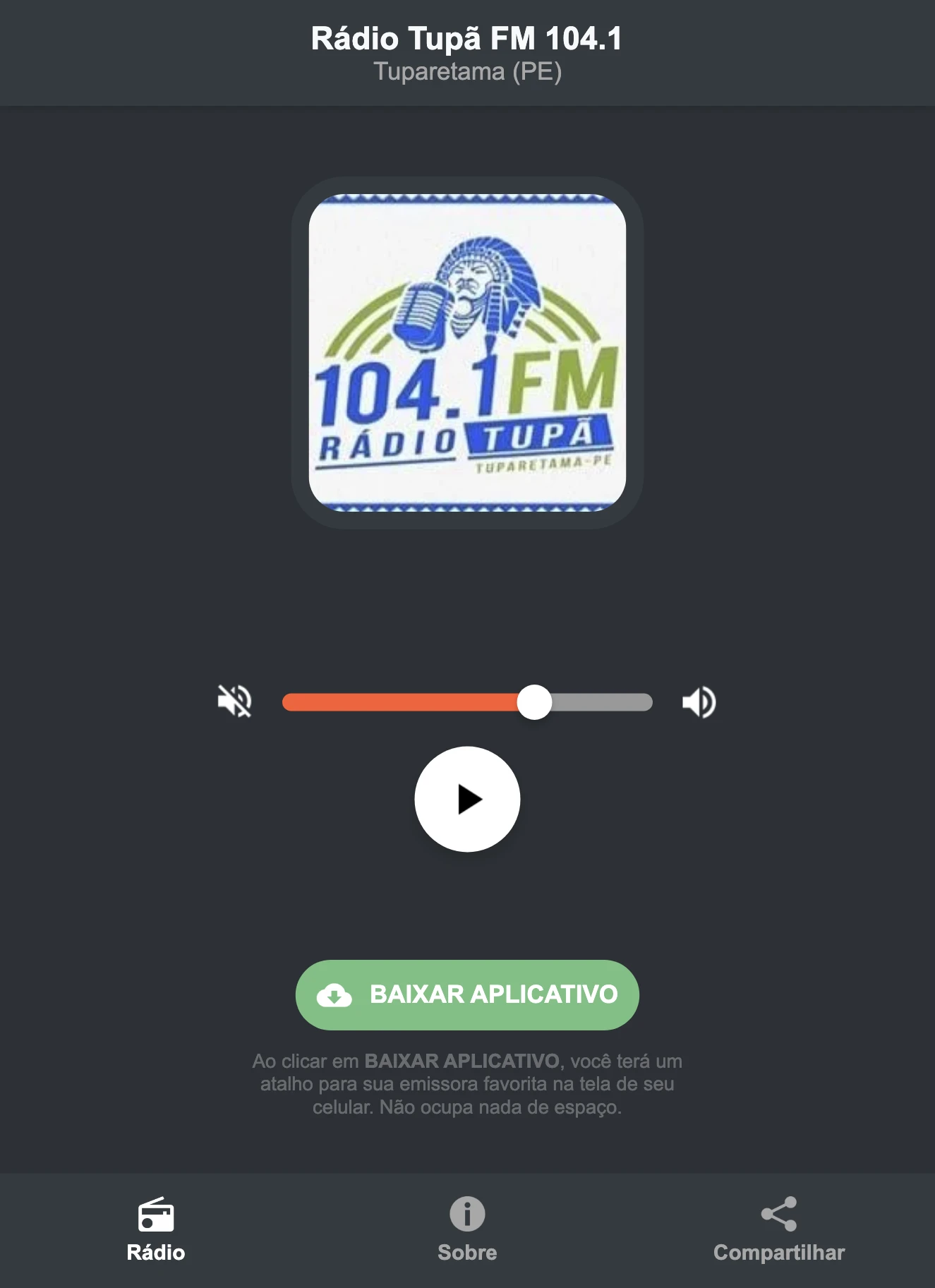 Screenshot do aplicativo da Rádio Tupã FM 104.1