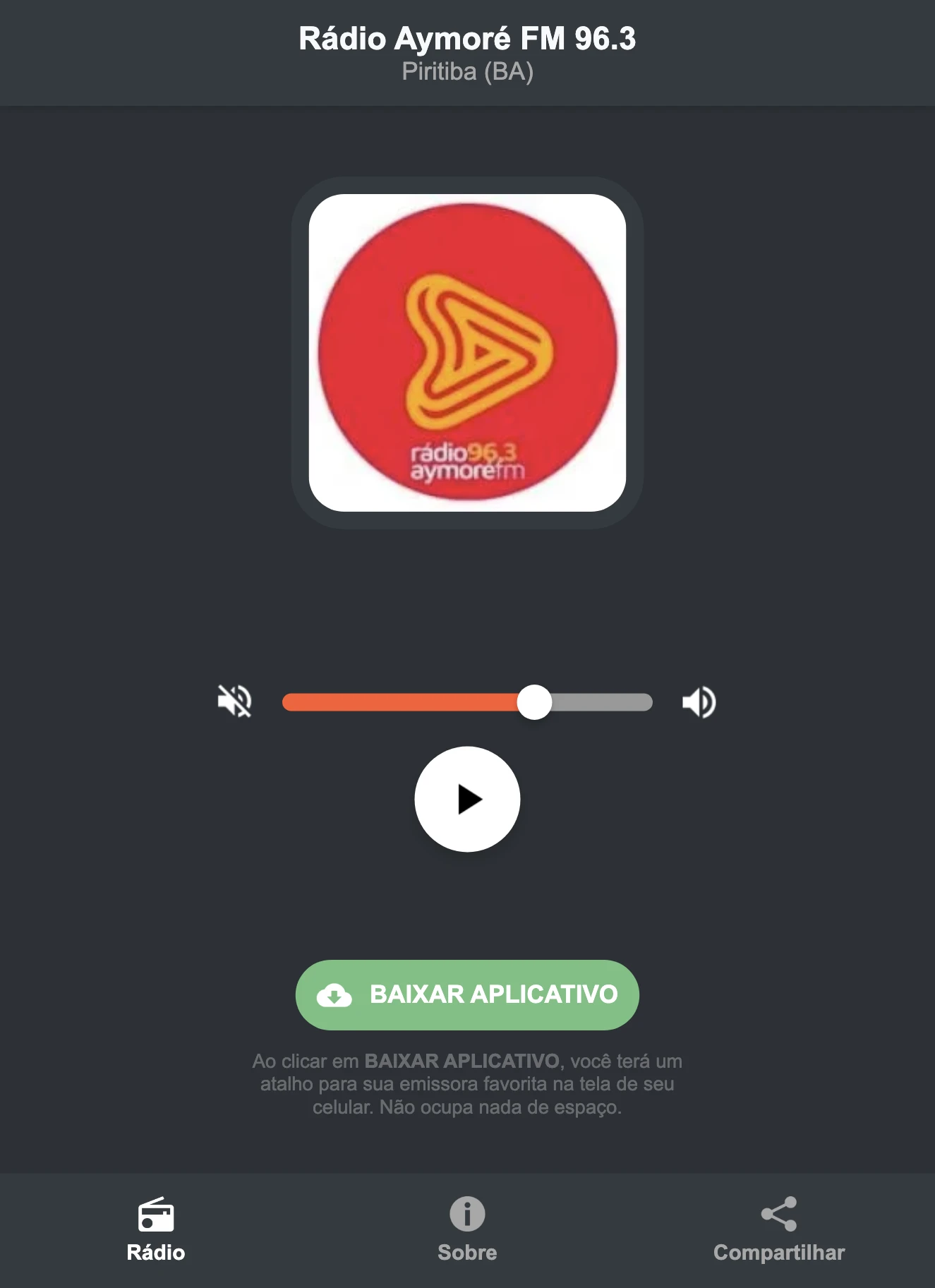 Screenshot do aplicativo da Rádio Aymoré FM 96.3