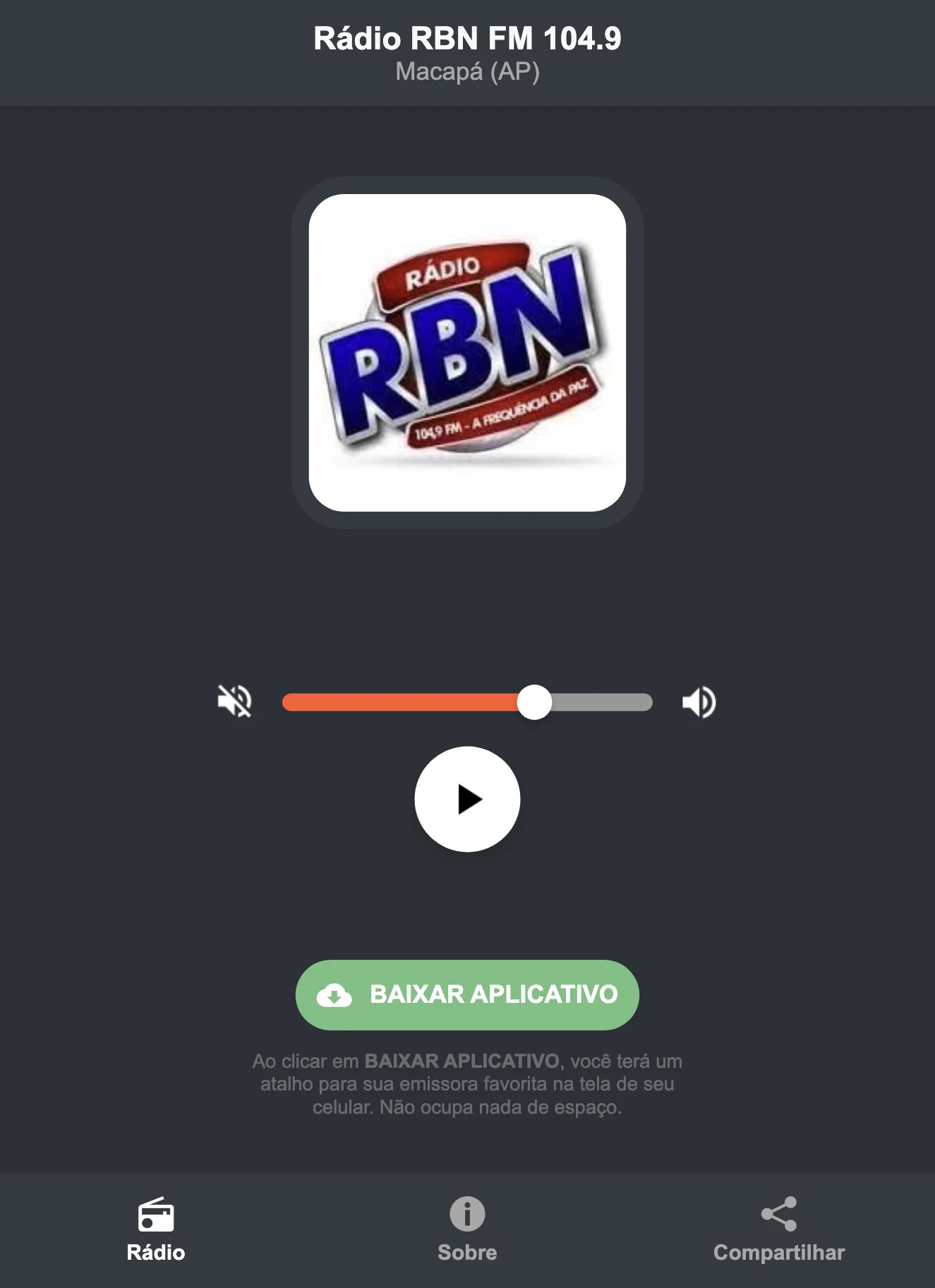 Screenshot do aplicativo da Rádio RBN FM 104.9