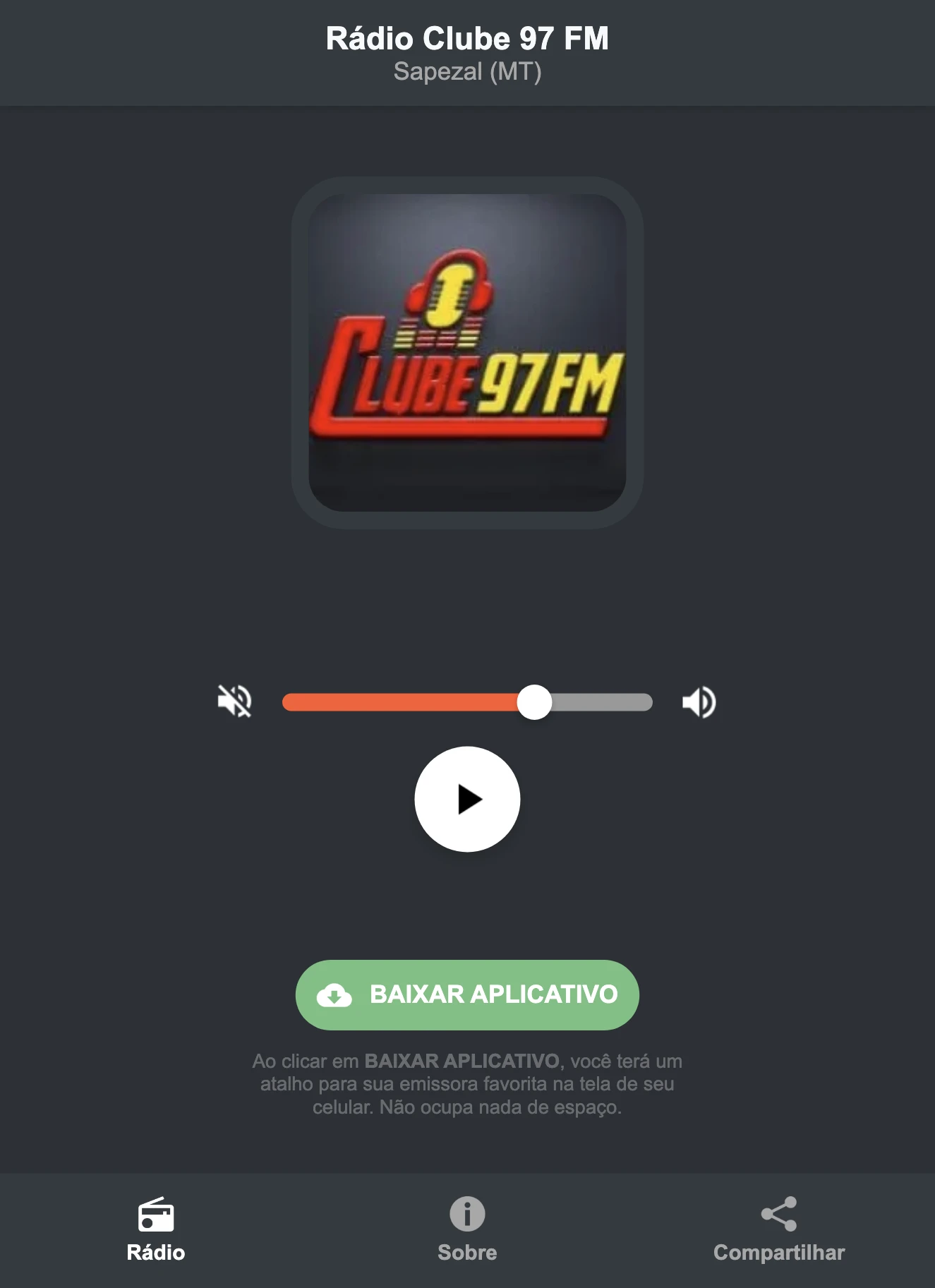 Screenshot do aplicativo da Rádio Clube 97 FM
