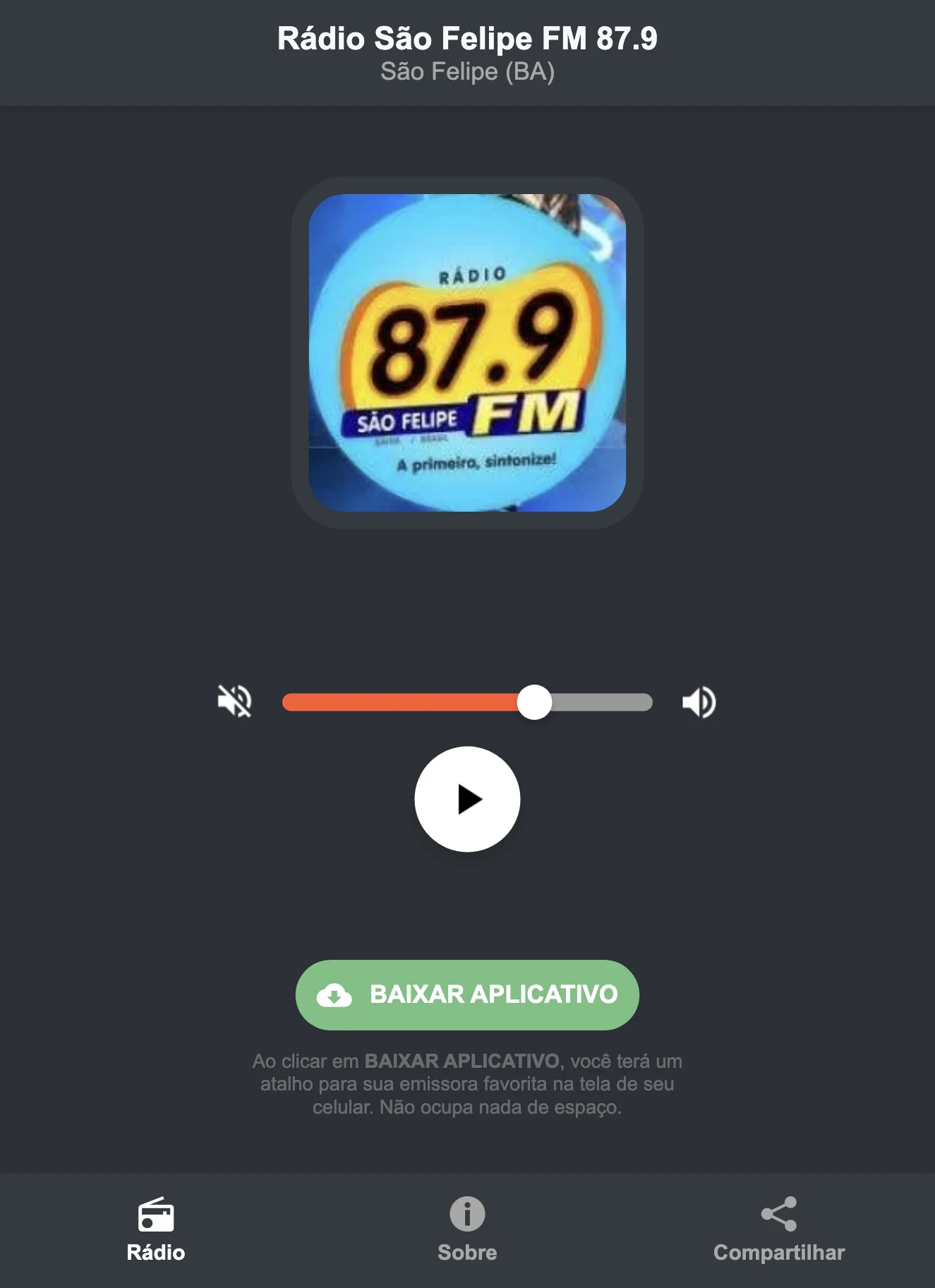 Screenshot do aplicativo da Rádio São Felipe FM 87.9