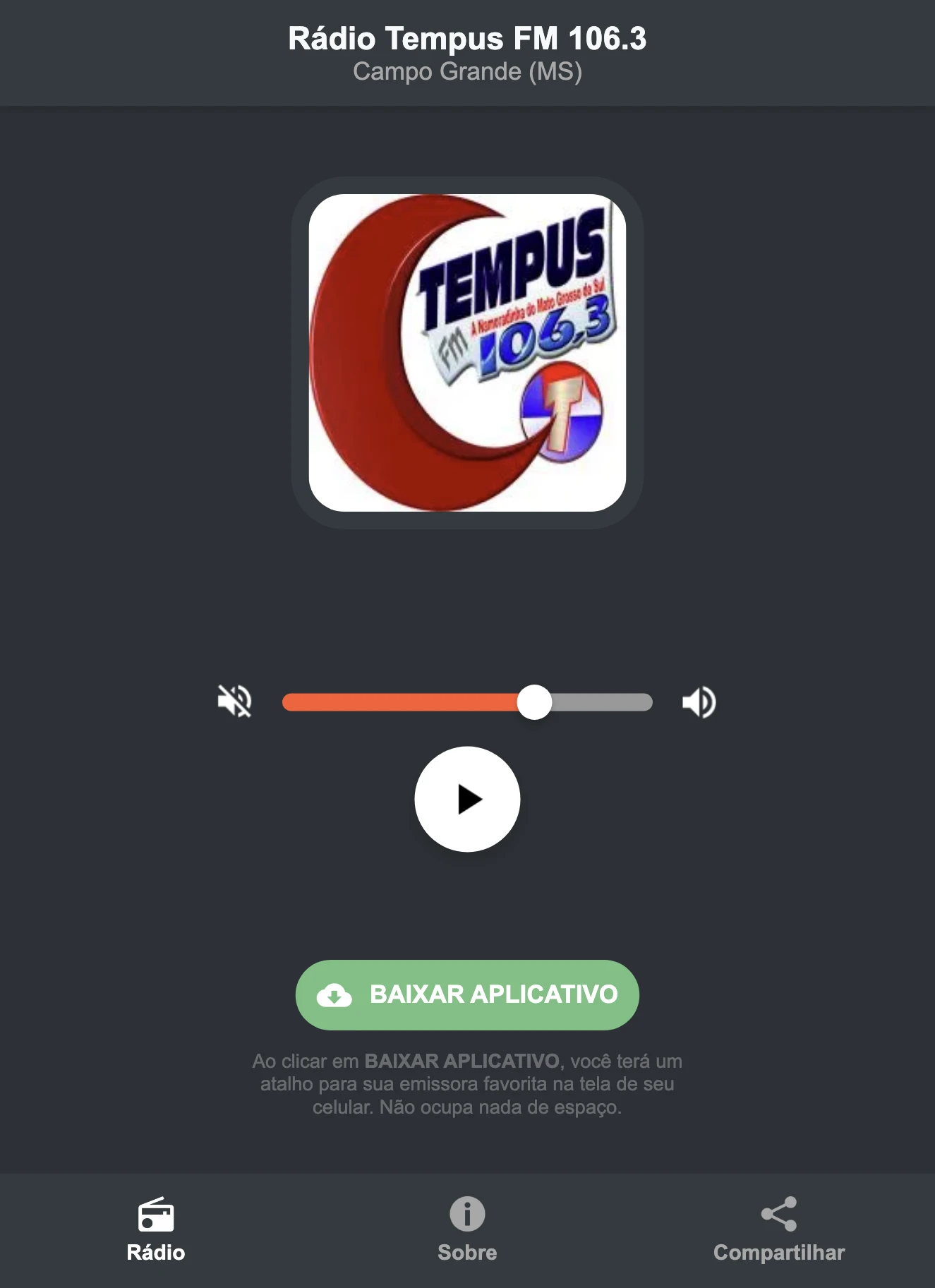 Screenshot do aplicativo da Rádio Tempus FM 106.3