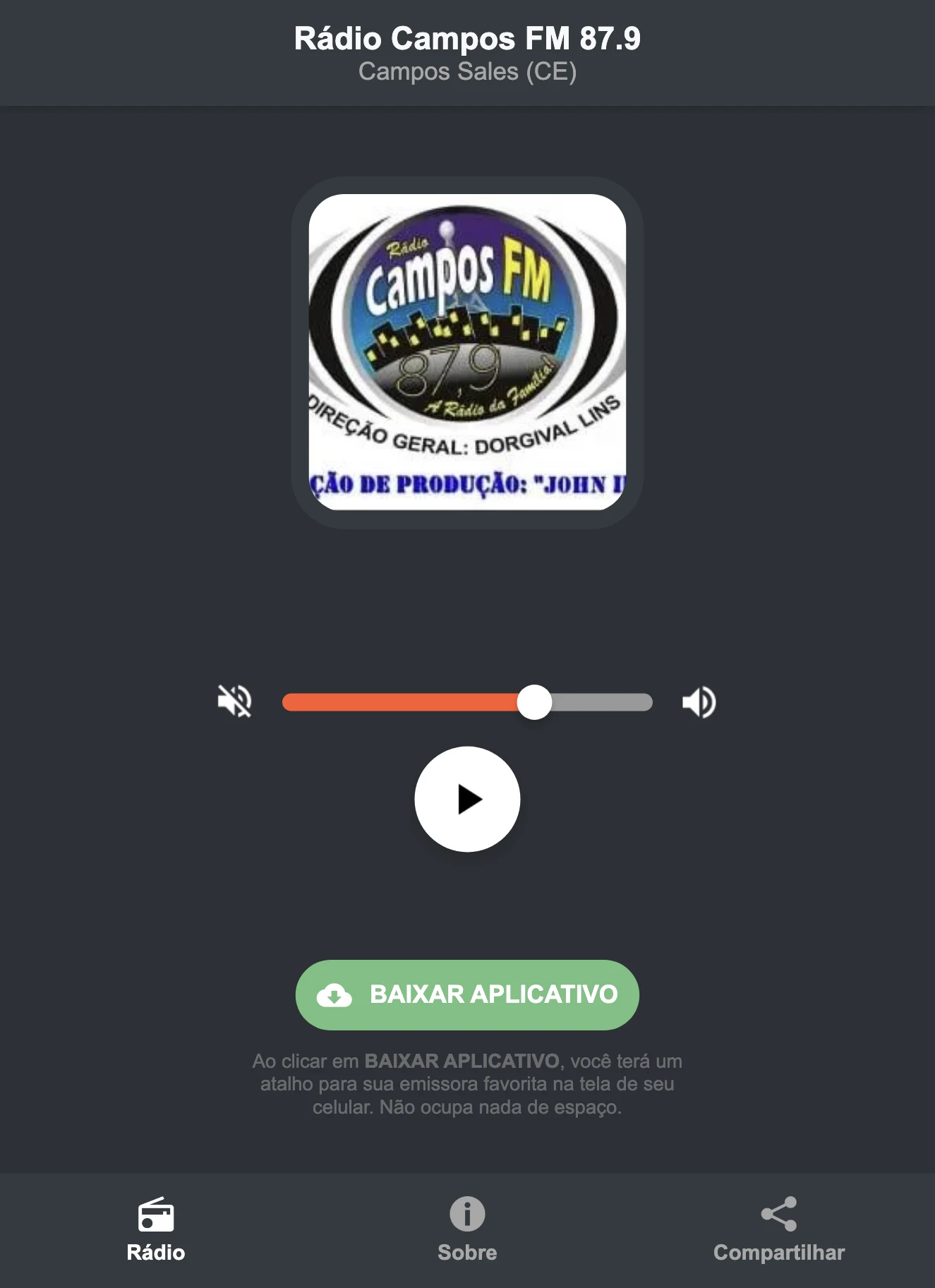 Screenshot do aplicativo da Rádio Campos FM 87.9