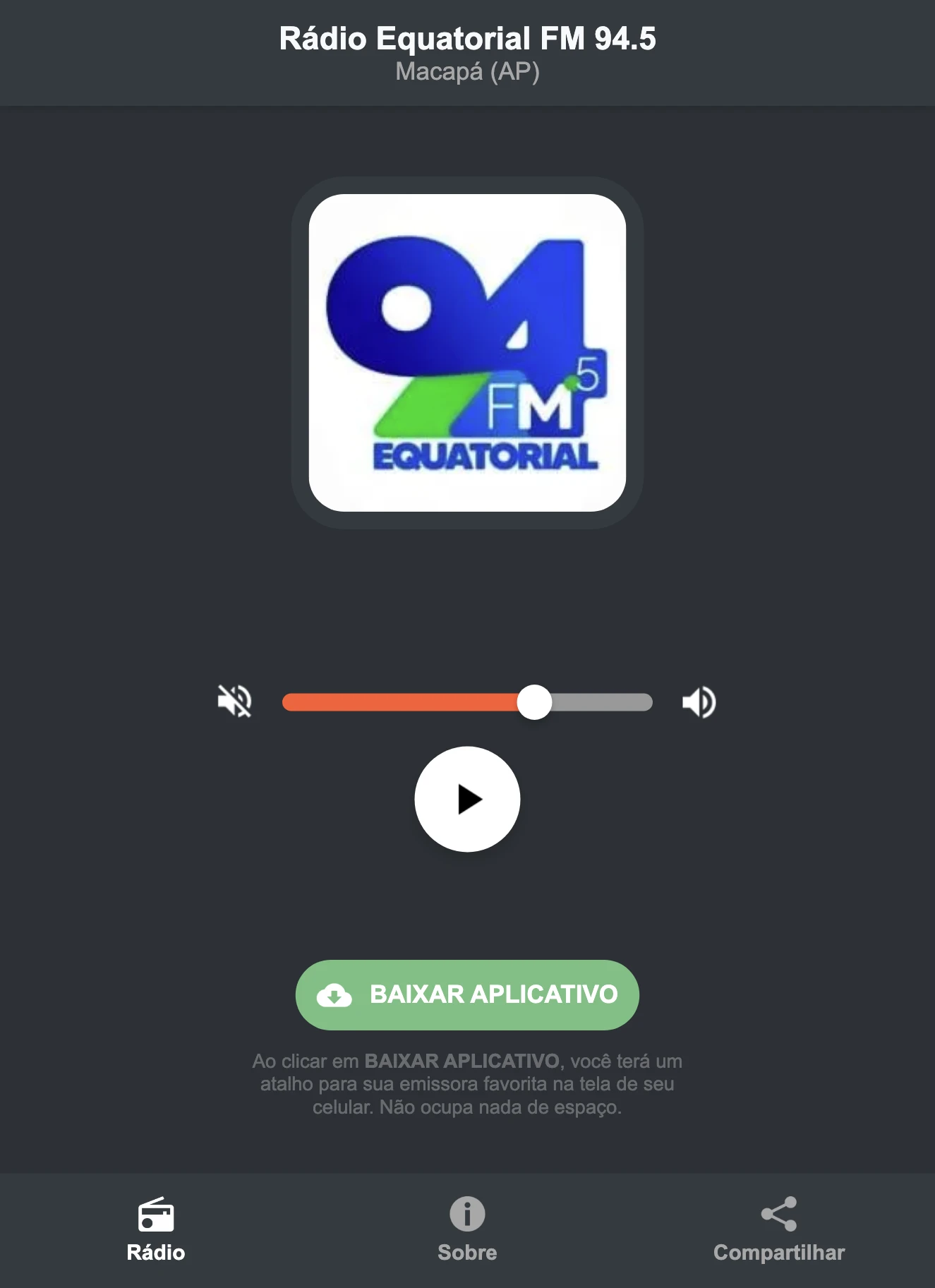 Screenshot do aplicativo da Rádio Equatorial FM 94.5