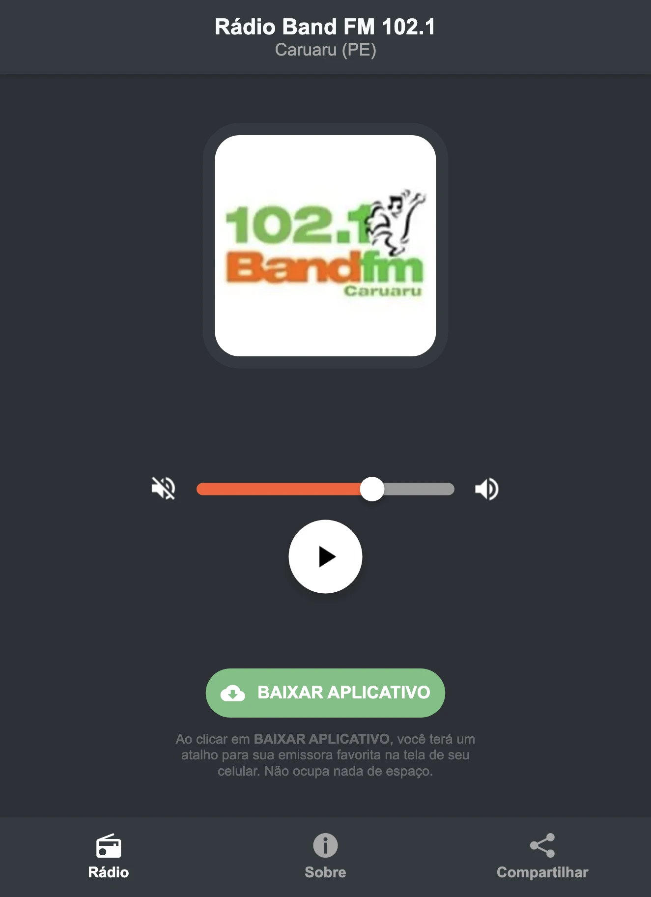 Screenshot do aplicativo da Rádio Band FM 102.1