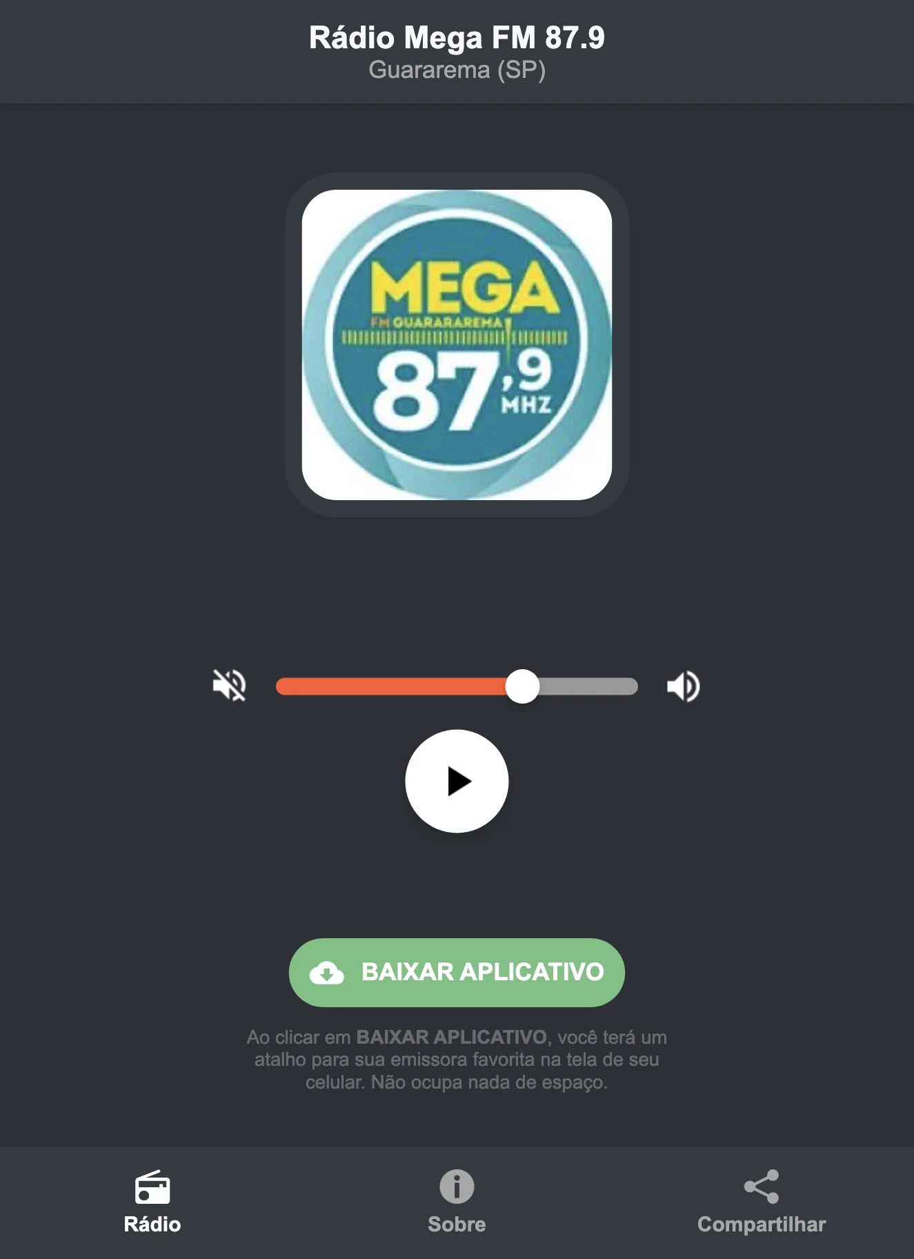 Screenshot do aplicativo da Rádio Mega FM 87.9