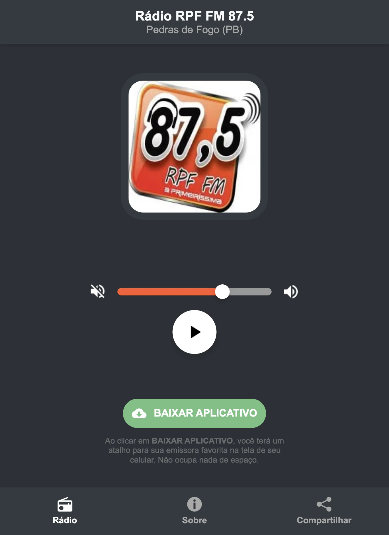 Screenshot do aplicativo da Rádio RPF FM 87.5