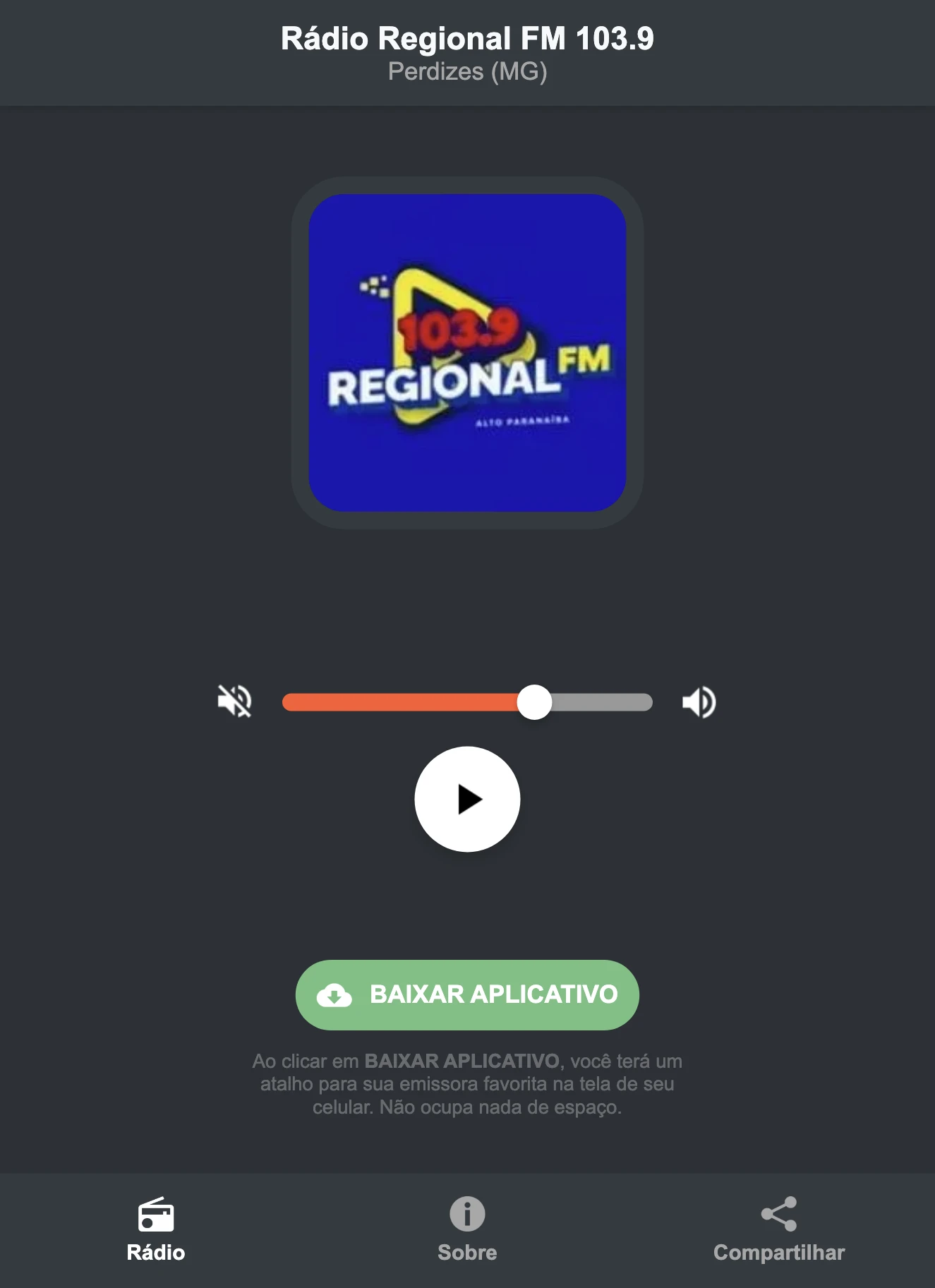 Screenshot do aplicativo da Rádio Regional FM 103.9