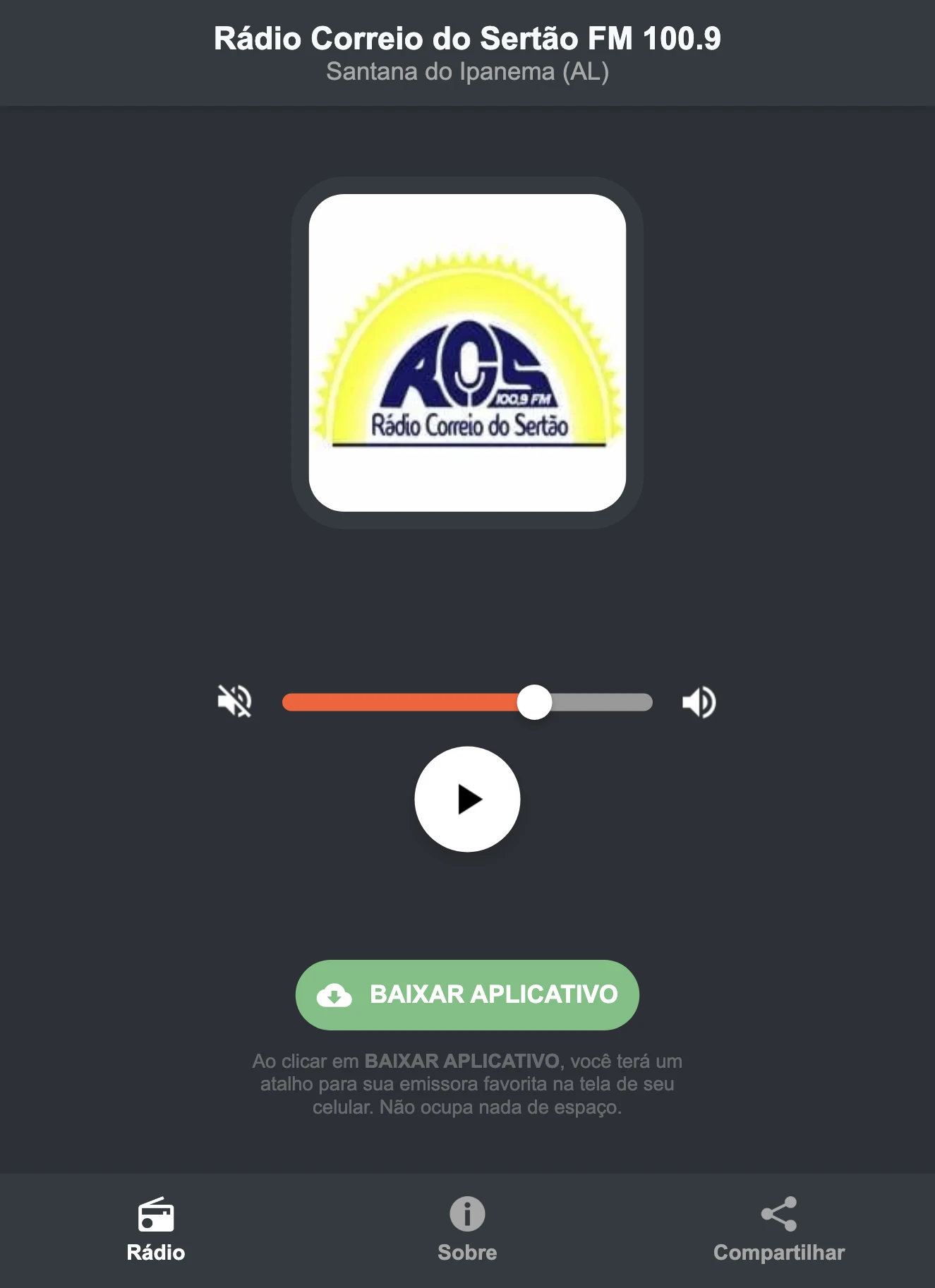 Screenshot do aplicativo da Rádio Correio do Sertão FM 100.9