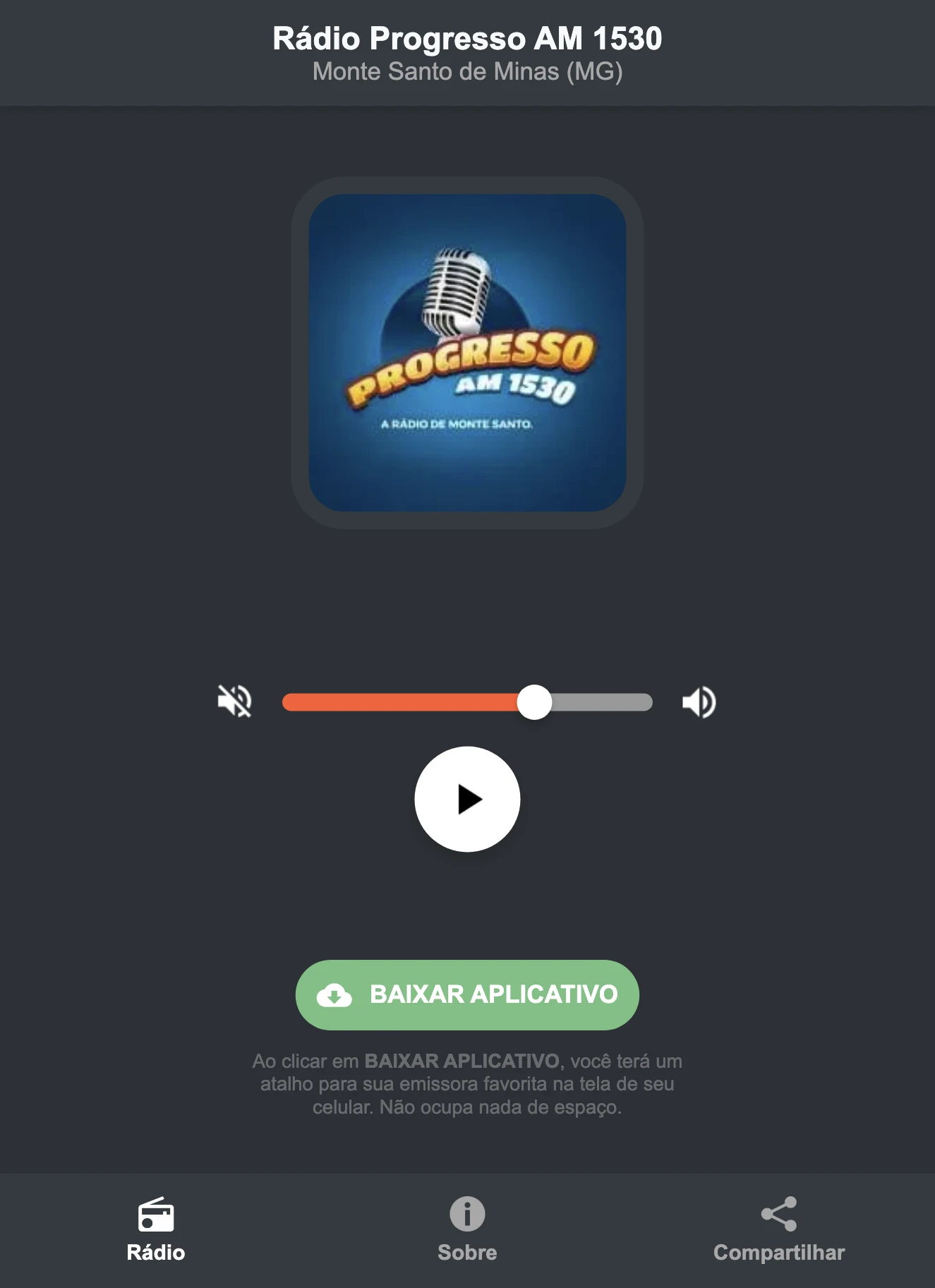 Screenshot do aplicativo da Rádio Progresso AM 1530